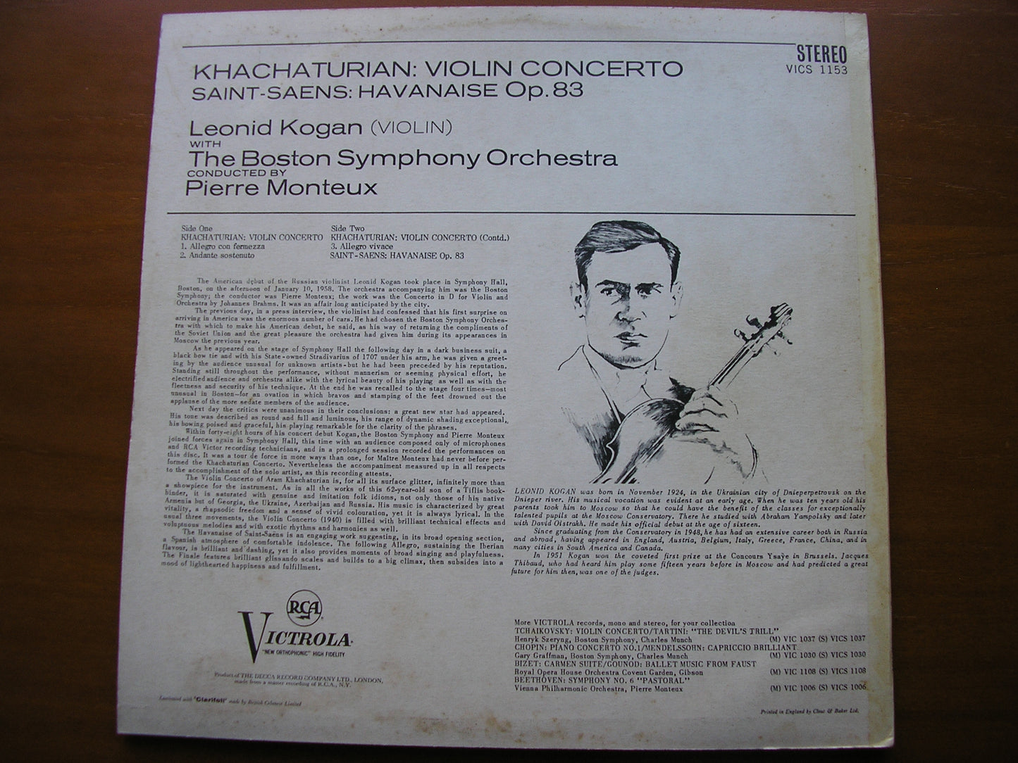 KHACHATURIAN: VIOLIN CONCERTO     KOGAN / BOSTON SYMPHONY / MONTEUX     VICS 1153