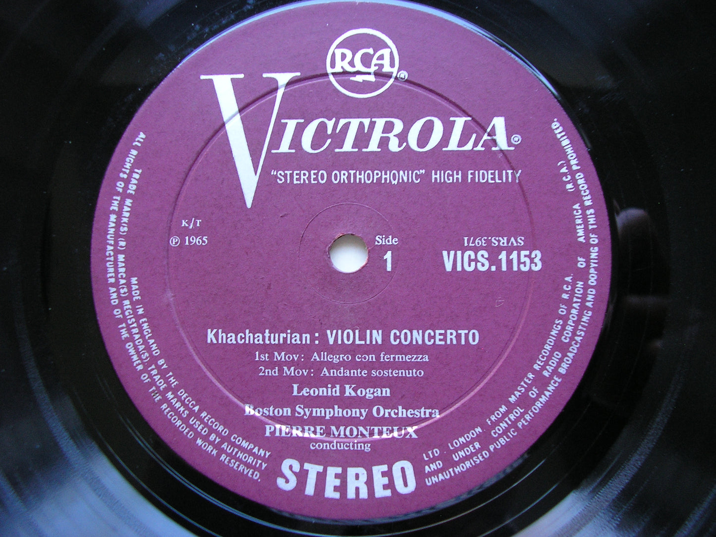 KHACHATURIAN: VIOLIN CONCERTO     KOGAN / BOSTON SYMPHONY / MONTEUX     VICS 1153