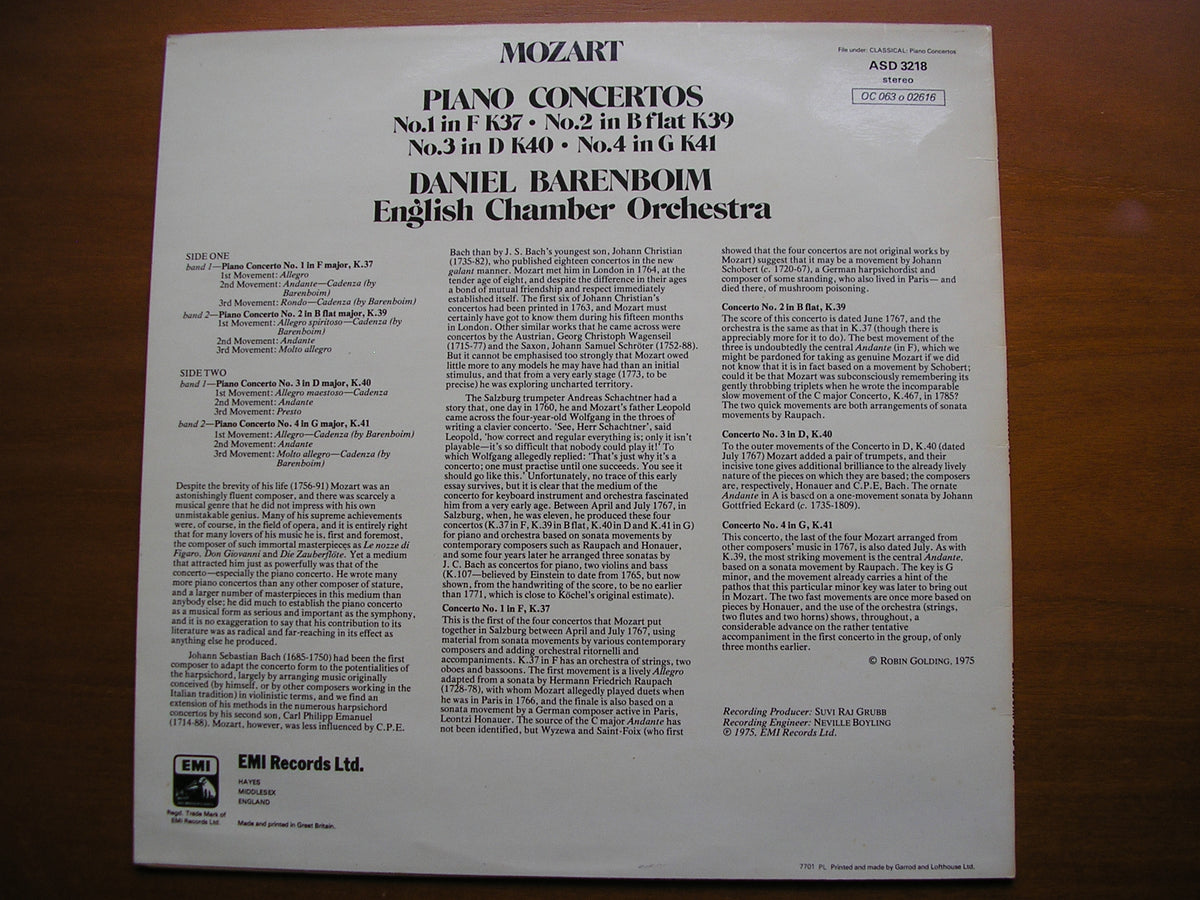 MOZART: PIANO ONCERTOS Nos. 1 - 4 BARENBOIM / ENGLISH CHAMBER ORCHESTRA ASD 3218