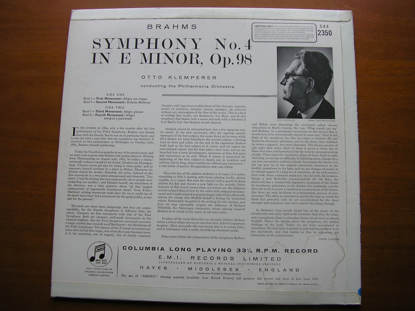 SAX 2350  BRAHMS: SYMPHONY No. 4        PHILHARMONIA / KLEMPERER