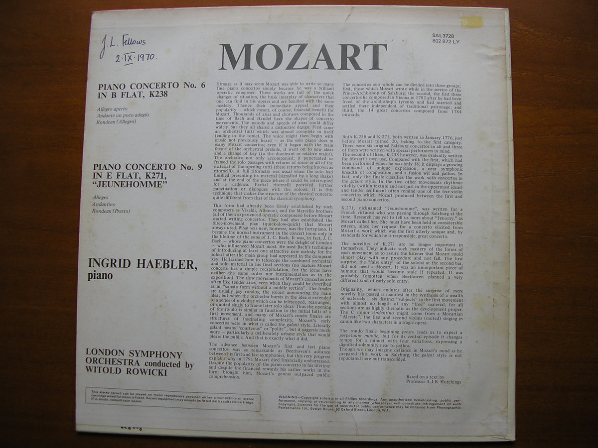 MOZART: PIANO CONCERTOS Nos. 6 & 9 HAEBLER / LONDON SYMPHONY / ROWICKI SAL 3728