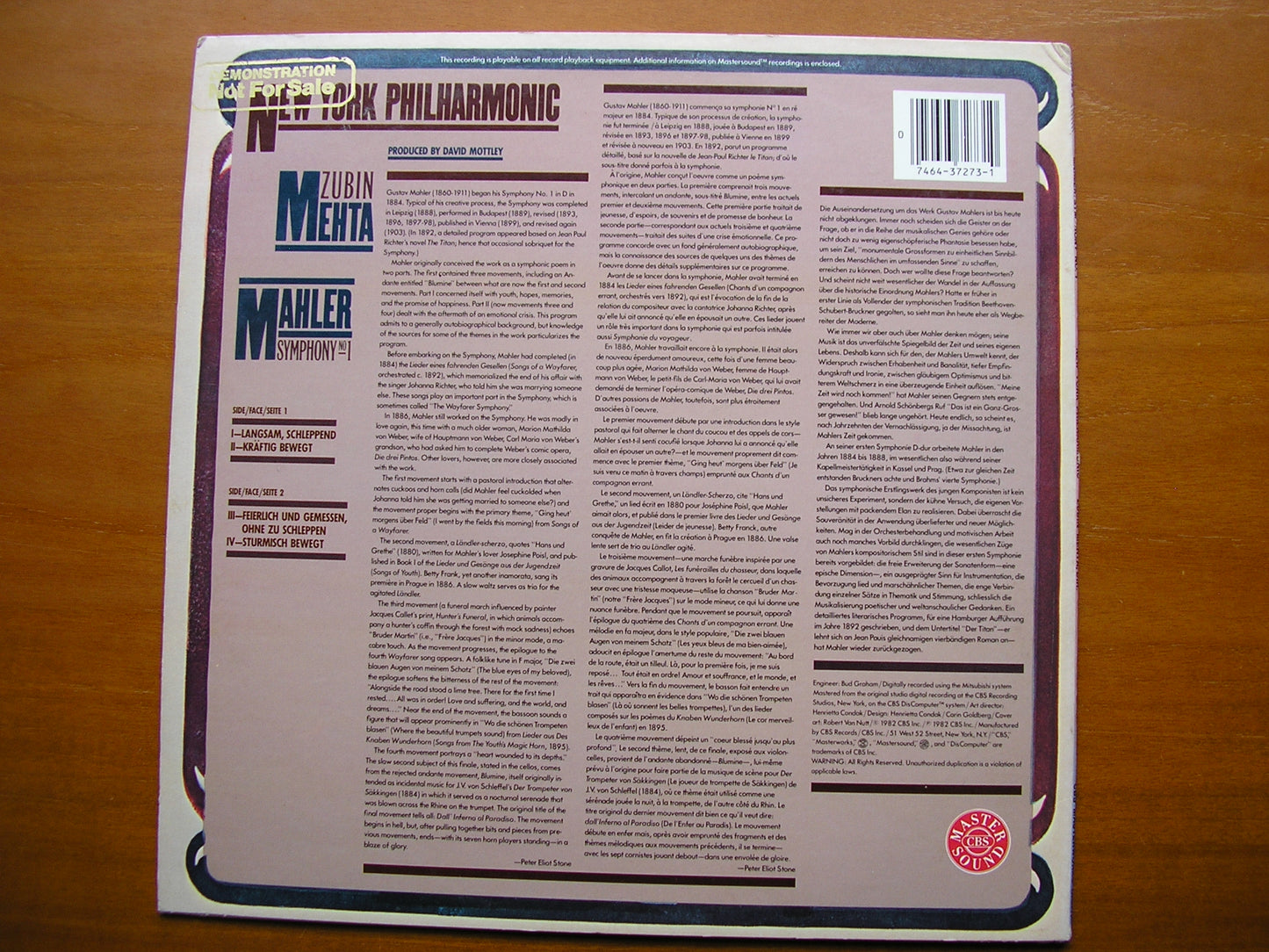 MAHLER: SYMPHONY No. 1 MEHTA / NEW YORK PHILHARMONIC IM 37273