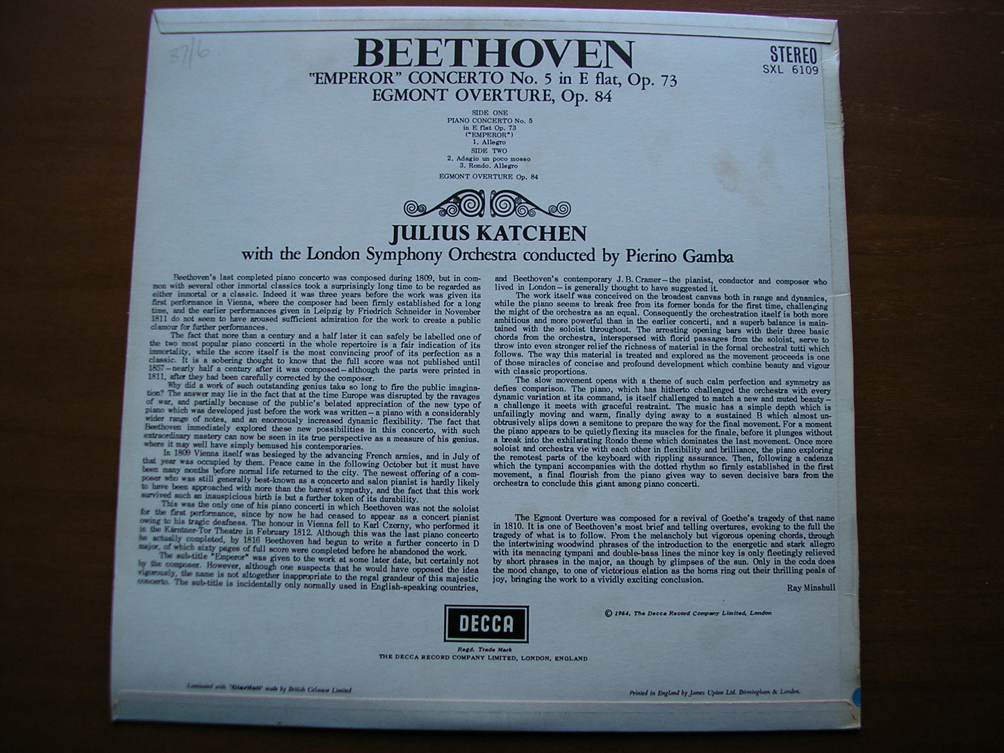 SXL 6109 BEETHOVEN: PIANO CONCERTO No. 5 'Emperor' KATCHEN / LONDON SYMPHONY / GAMBA ED1