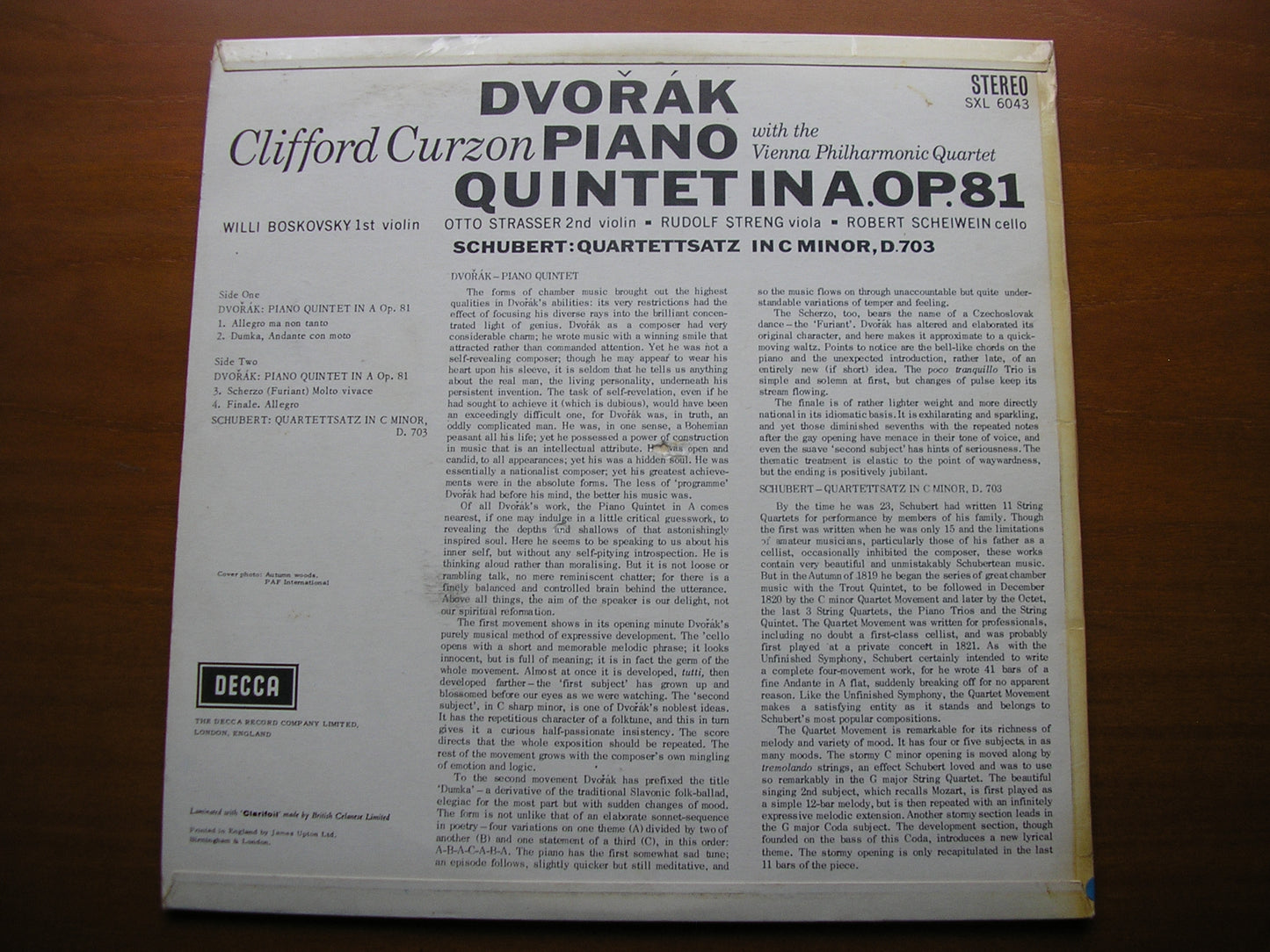 DVORAK: PIANO QUINTET Op. 81 CURZON / VIENNA PHILHARMONIC QUARTET SXL 6043