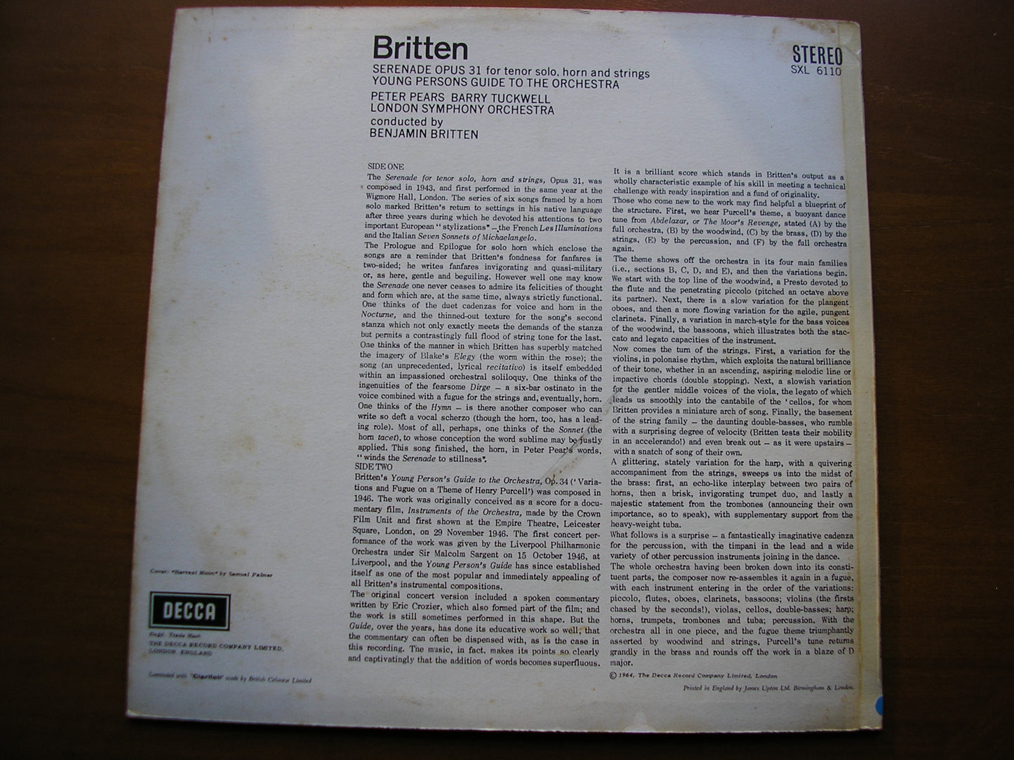 SXL 6110 BRITTEN: SERENADE / YOUNG PERSON'S GUIDE TO THE ORCHESTRA PEARS / TUCWELL / LSO / BRITTEN ED1