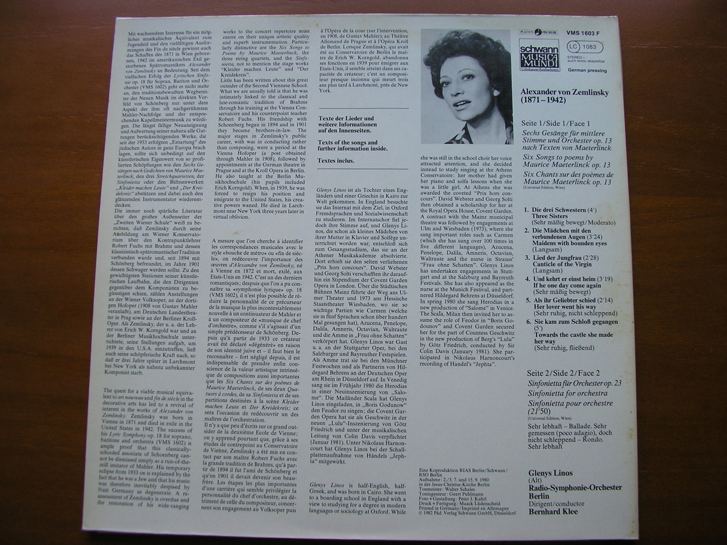 ZEMLINSKY: SIX SONGS / SINFONIETTA      LINOS / BERLIN RADIO ORCHESTRA / KLEE     VMS 1603 F