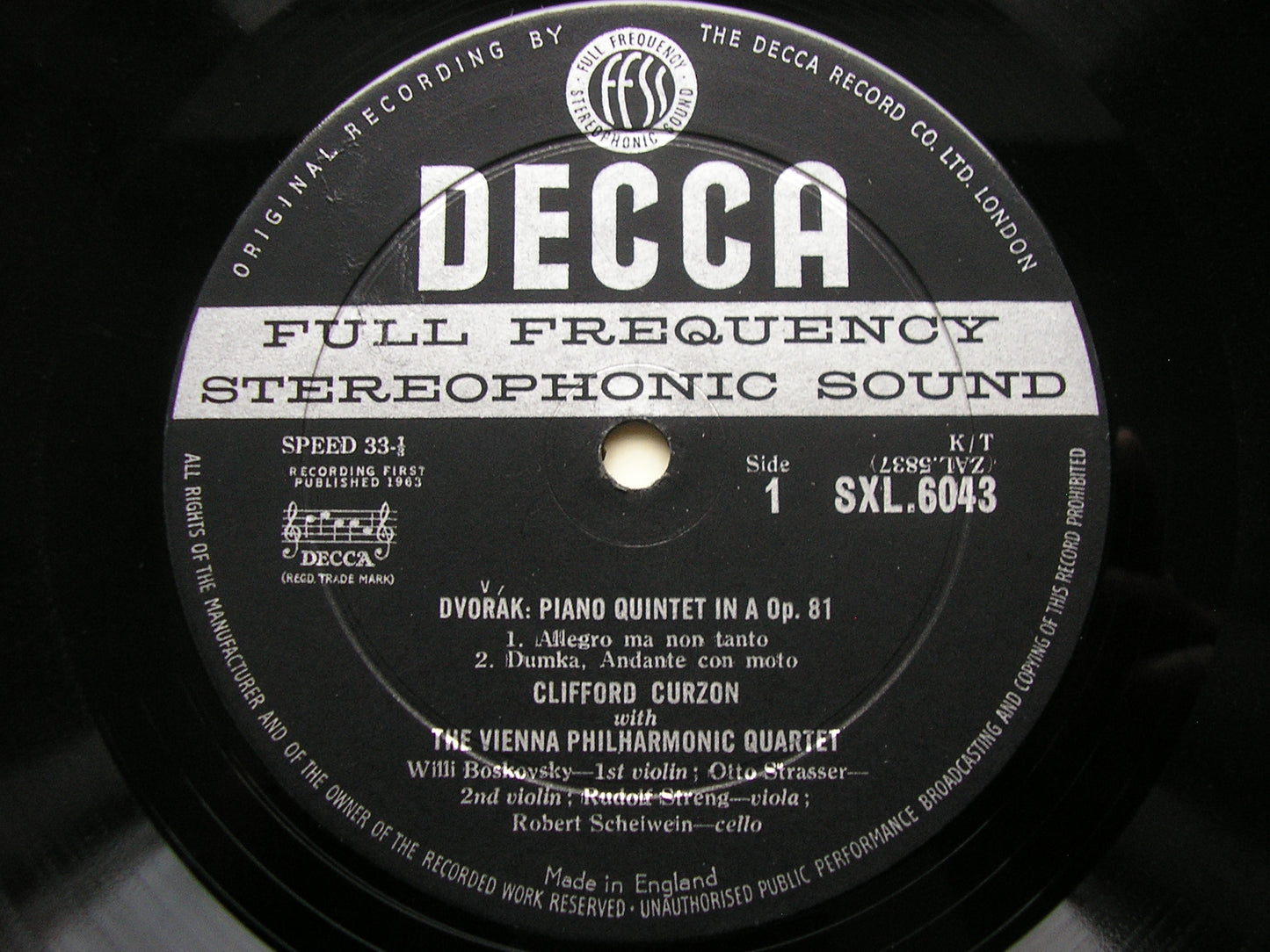 DVORAK: PIANO QUINTET Op. 81 CURZON / VIENNA PHILHARMONIC QUARTET SXL 6043