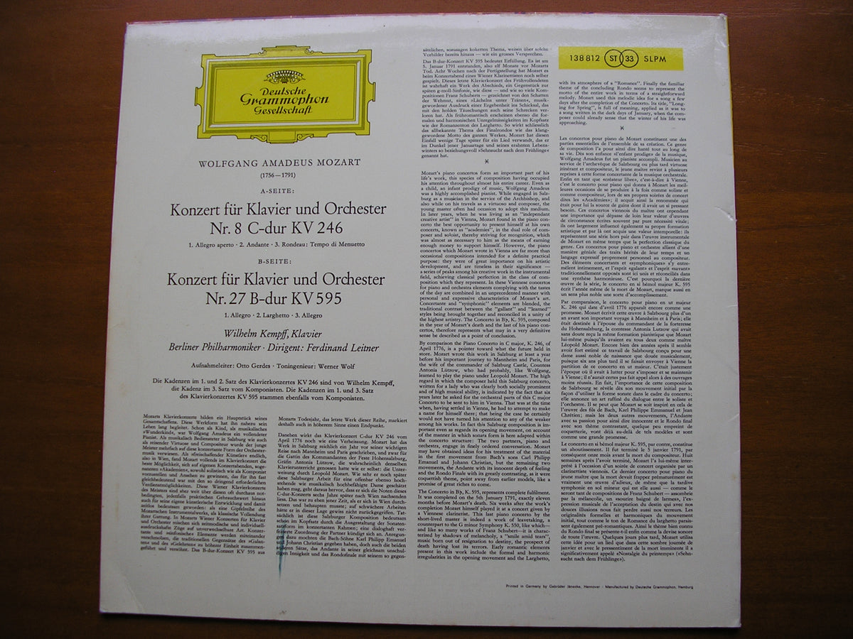 MOZART: PIANO CONCERTOS Nos. 8 & 27 KEMPFF / BERLIN PHILHARMONIC / LEITNER 138 812