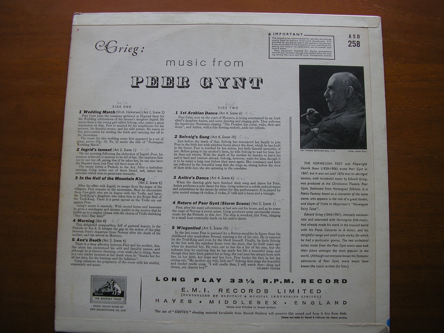 GRIEG: PEER GYNT    HOLLWEG / ROYAL PHILHARMONIC / BEECHAM   ASD 258
