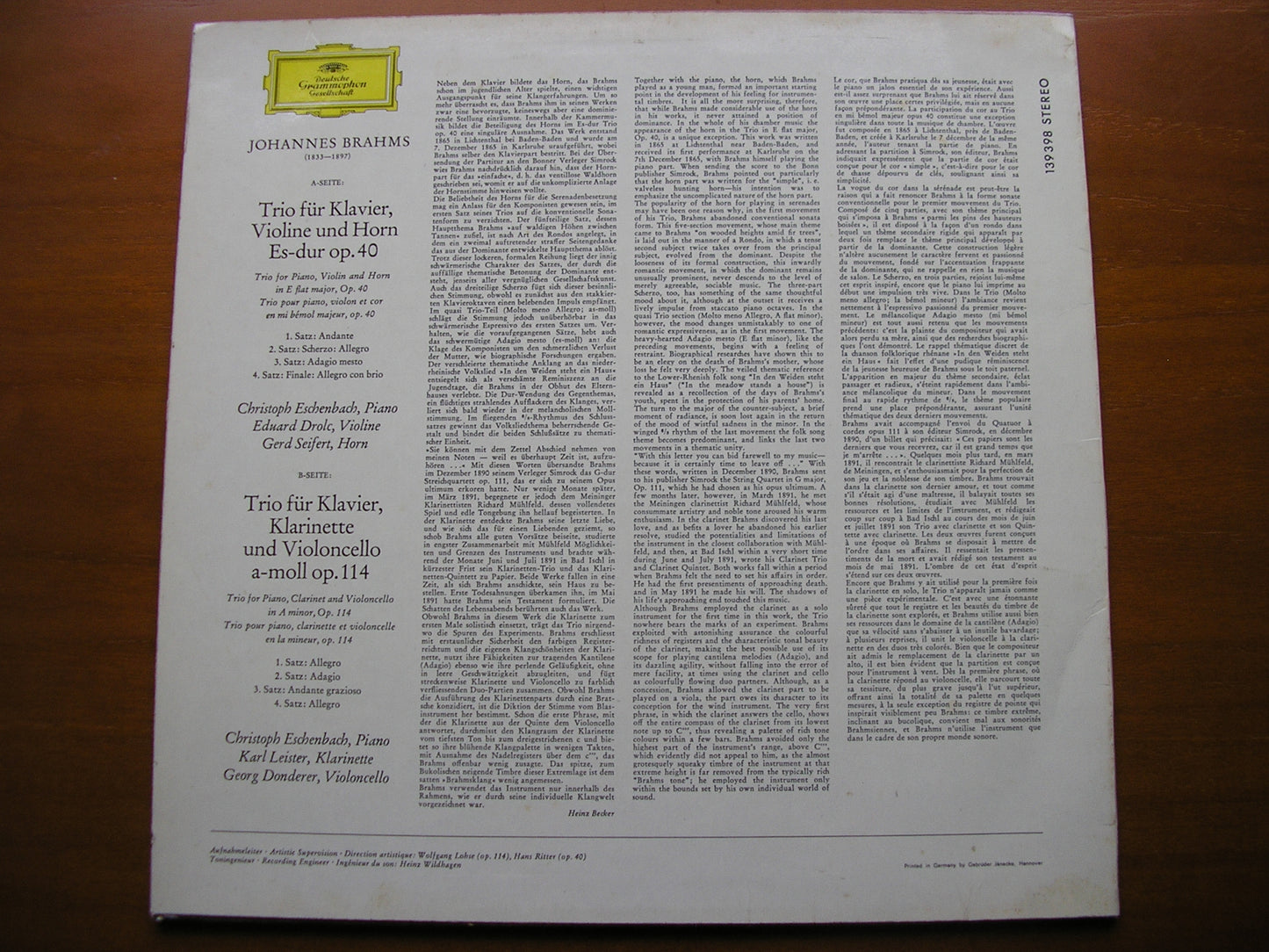 BRAHMS: HORN TRIO / CLARINET TRIO    ESCHENBACH / SEIFERT / LEISTER / DROLC / DONDERER     139398