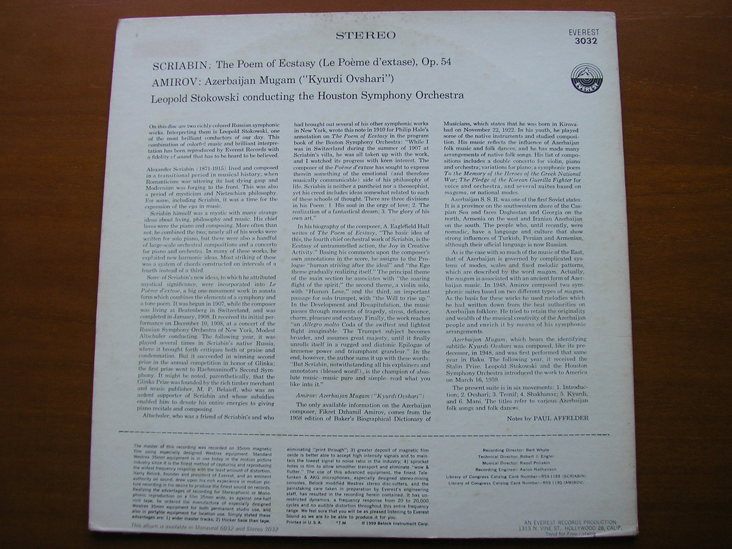 SCRIABIN: THE POEM OF ECSTASY / AMIROV: AZERBAIJAN MUGAM     STOKOWSKI / HOUSTON SYMPHONY    SDBR 3032
