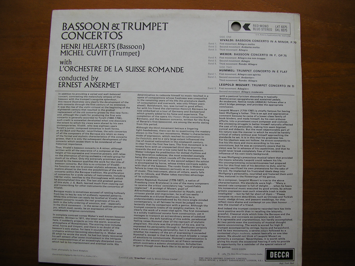 SXL 6375 BASSOON & TRUMPET CONCERTOS: VIVALDI / HUMMEL / WEBER / LEOPOLD MOZART ANSERMET / SUISSE ROMANDE ED3