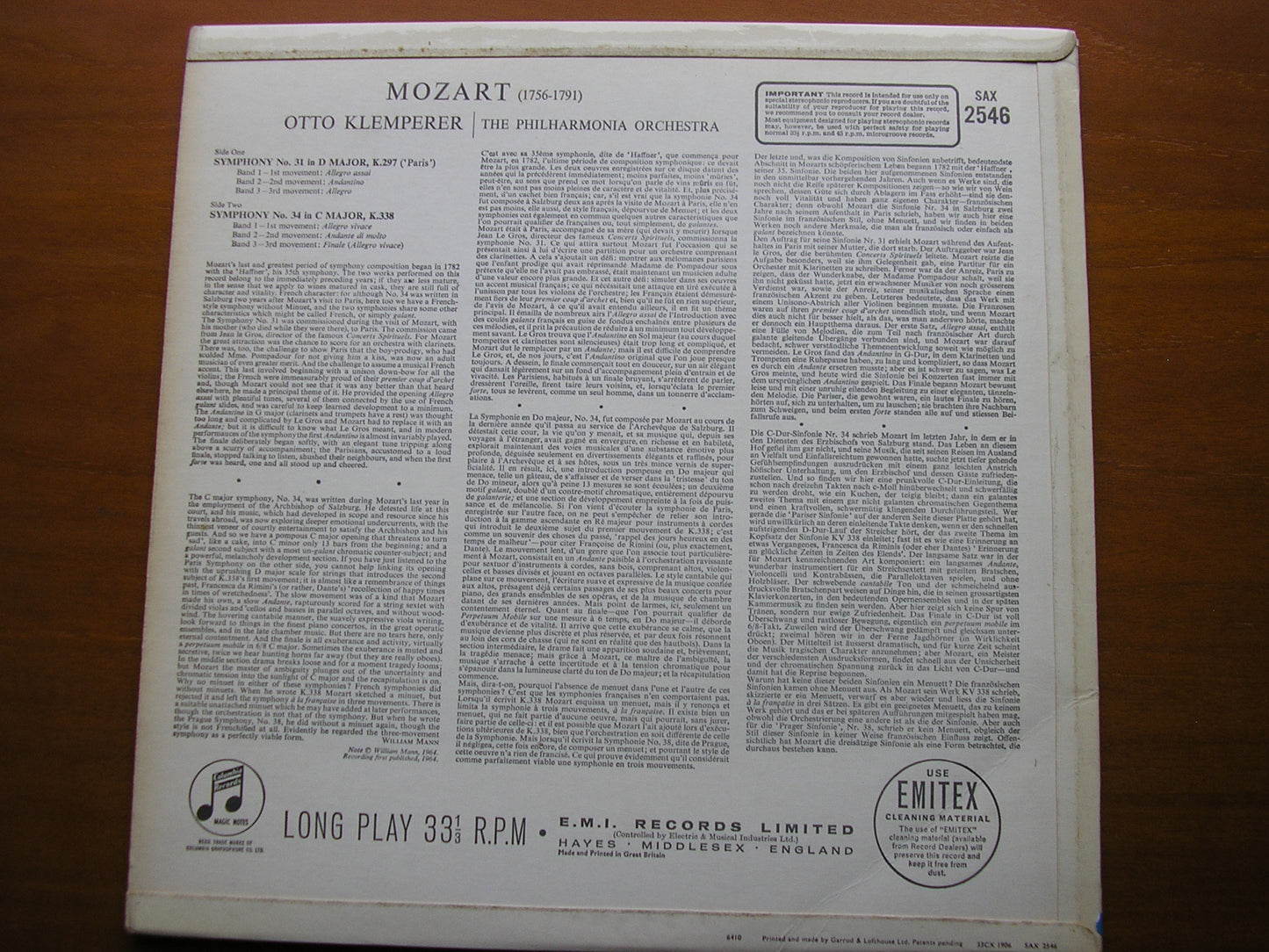 MOZART: SYMPHONIES Nos. 31 & 34     KLEMPERER / PHILHARMONIA ORCHESTRA   SAX 2546