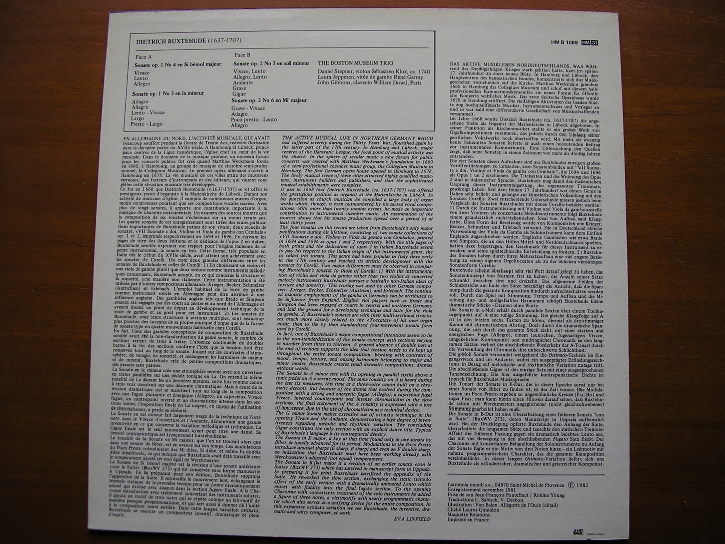 BUXTEHUDE: SONATA a DUE for VIOLIN / VIOLA / HARPSICHORD BOSTON MUSEUM TRIO HM B 1089