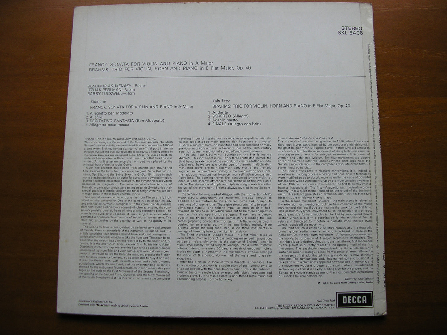 BRAHMS: HORN TRIO / FRANCK: SONATA FOR VIOLIN & PIANO ASHKENAZY / PERLMAN / TUCKWELL SXL 6408