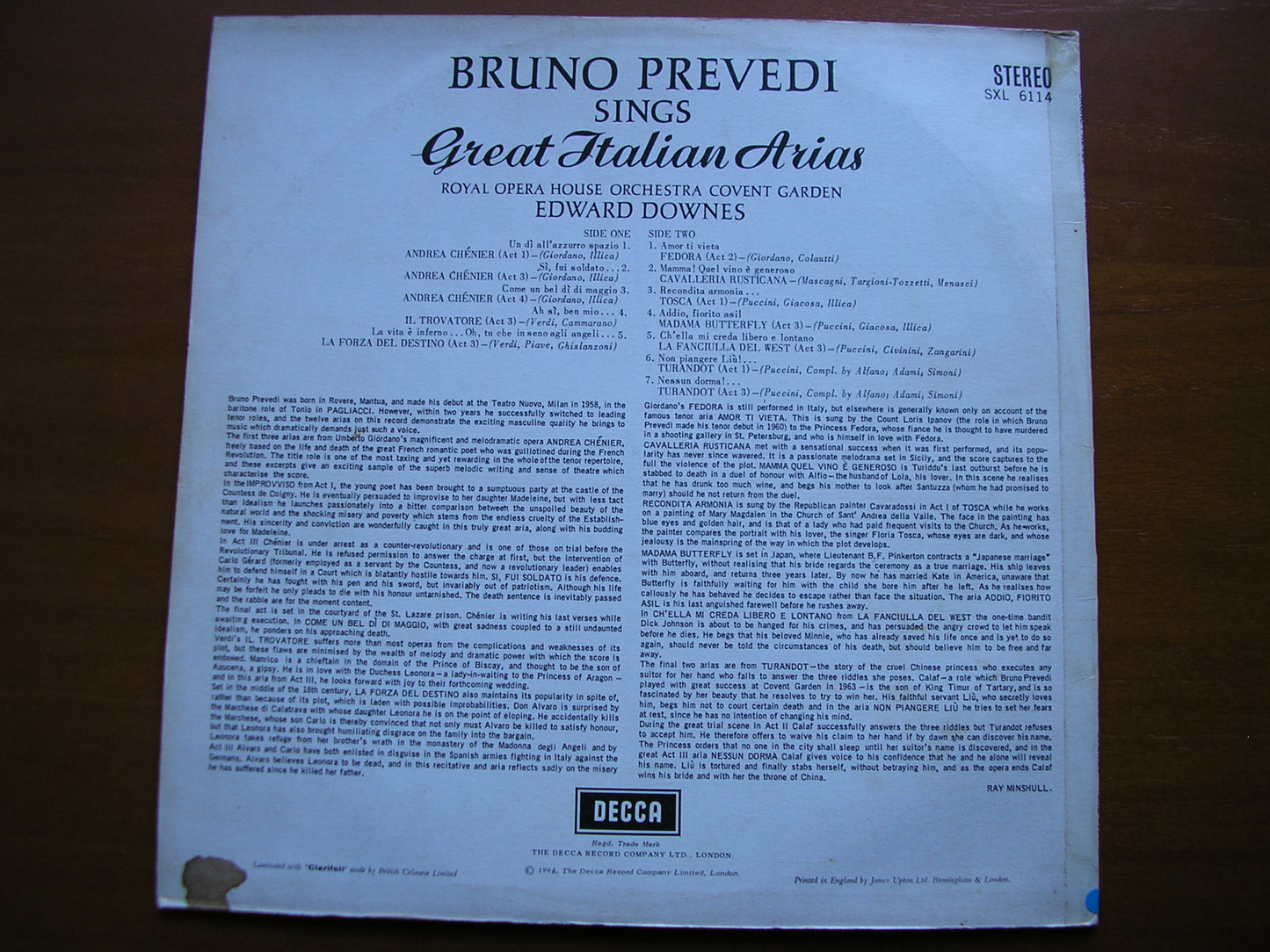 SXL 6114 BRUNO PREVEDI SINGS ITALIAN ARIAS COVENT GARDEN ORCHESTRA / DOWNES ED1