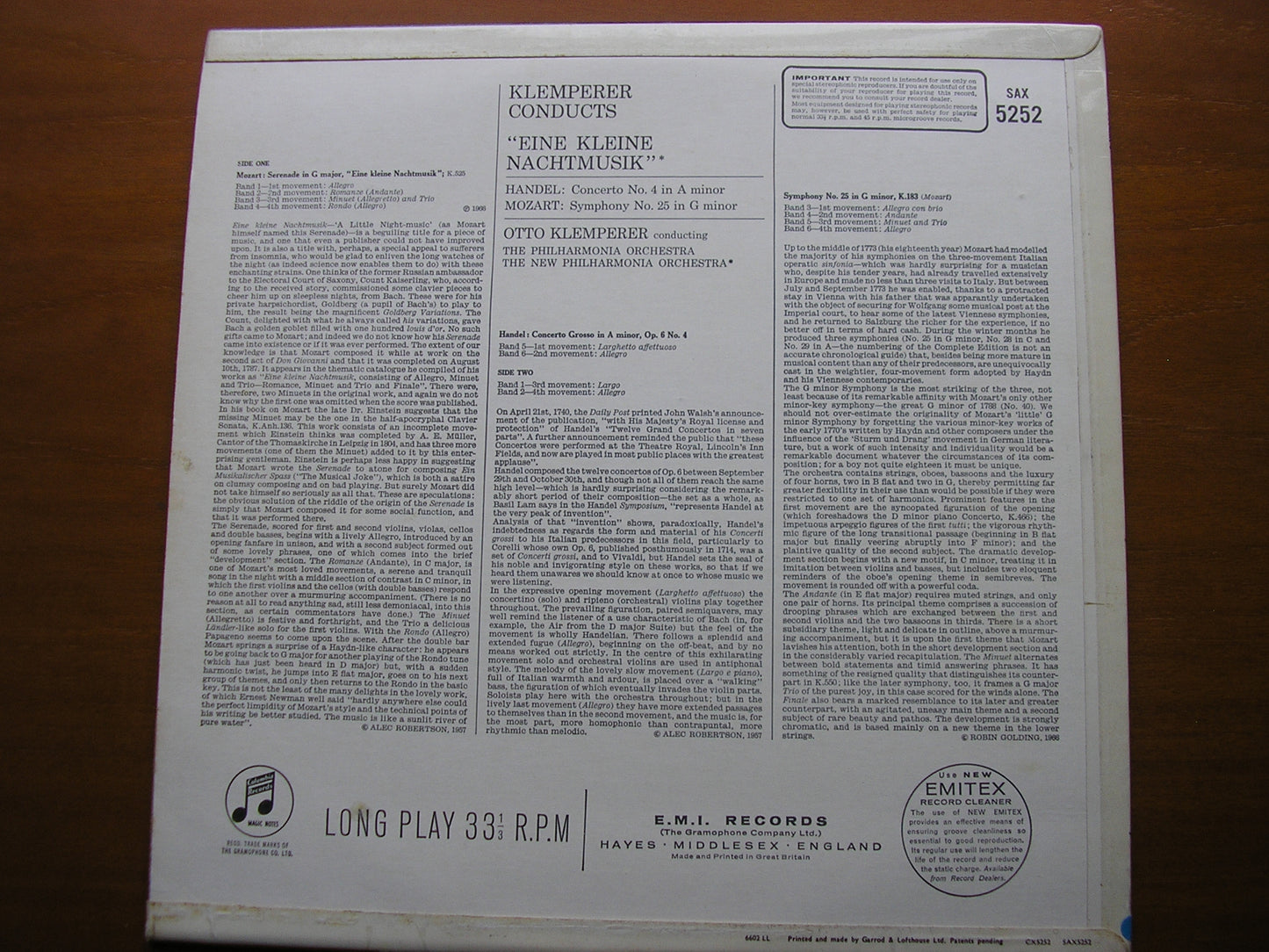 MOZART: EINE KLEINE NACHTMUSIK / SYMPHONY No. 25 / HANDEL: CONCERTO GROSSO  No. 4     KLEMPERER / NEW PHILHARMONIA    SAX 5252