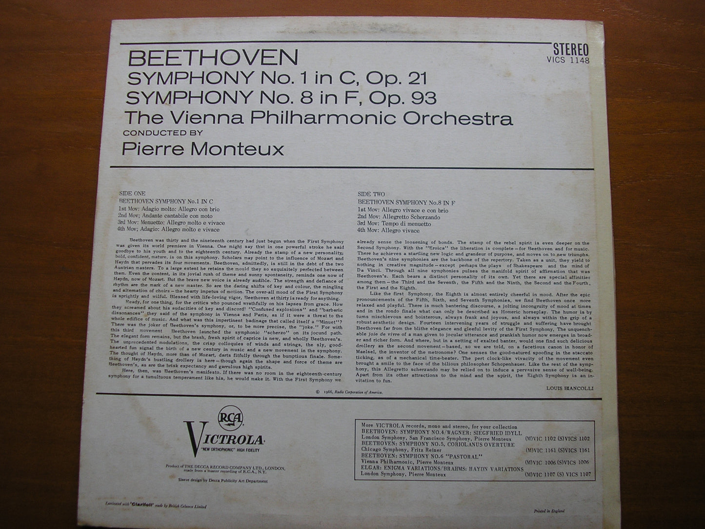 BEETHOVEN: SYMPHONIES Nos. 1 & 8     MONTEUX / VIENNA PHILHARMONIC   VICS 1148