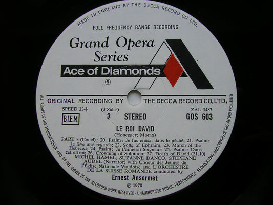 HONEGGER: LE ROI DAVID / RAVEL: SHEHERAZADE / TWO HEBREW SONGS      SOLOISTS / SUISSE ROMANDE / ANSERMET     2LP     GOS 602 / 3