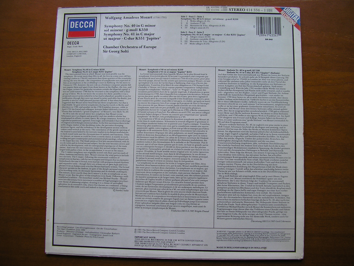 MOZART: SYMPHONIES Nos. 40 & 41 'Jupiter' SOLTI / CHAMBER ORCHESTRA OF EUROPE 414 334