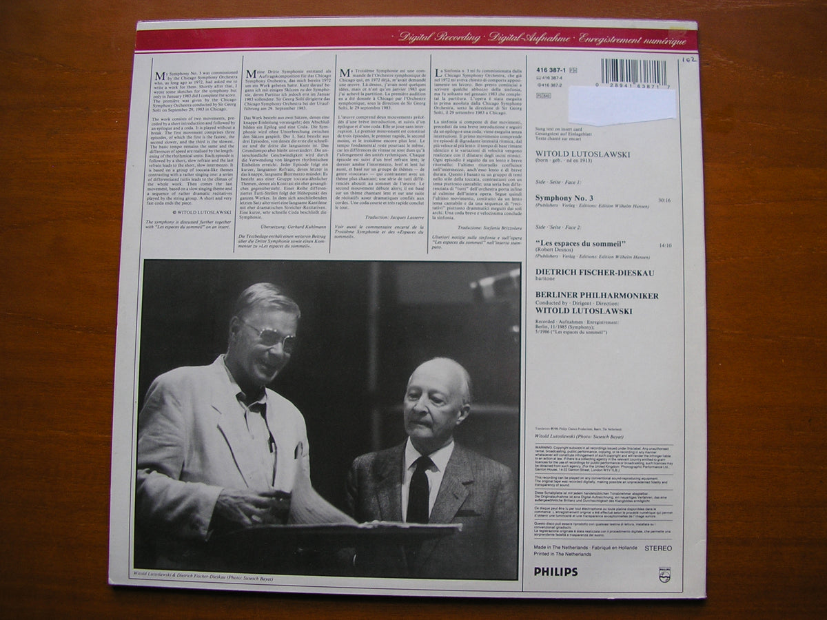 LUTOSLAWSKI: SYMPHONY No. 3 / LES ESPACES DU SOMMEIL FISCHER-DIESKAU / BERLIN PHILHARMONIC / LUTOSLAWSKI 416 387