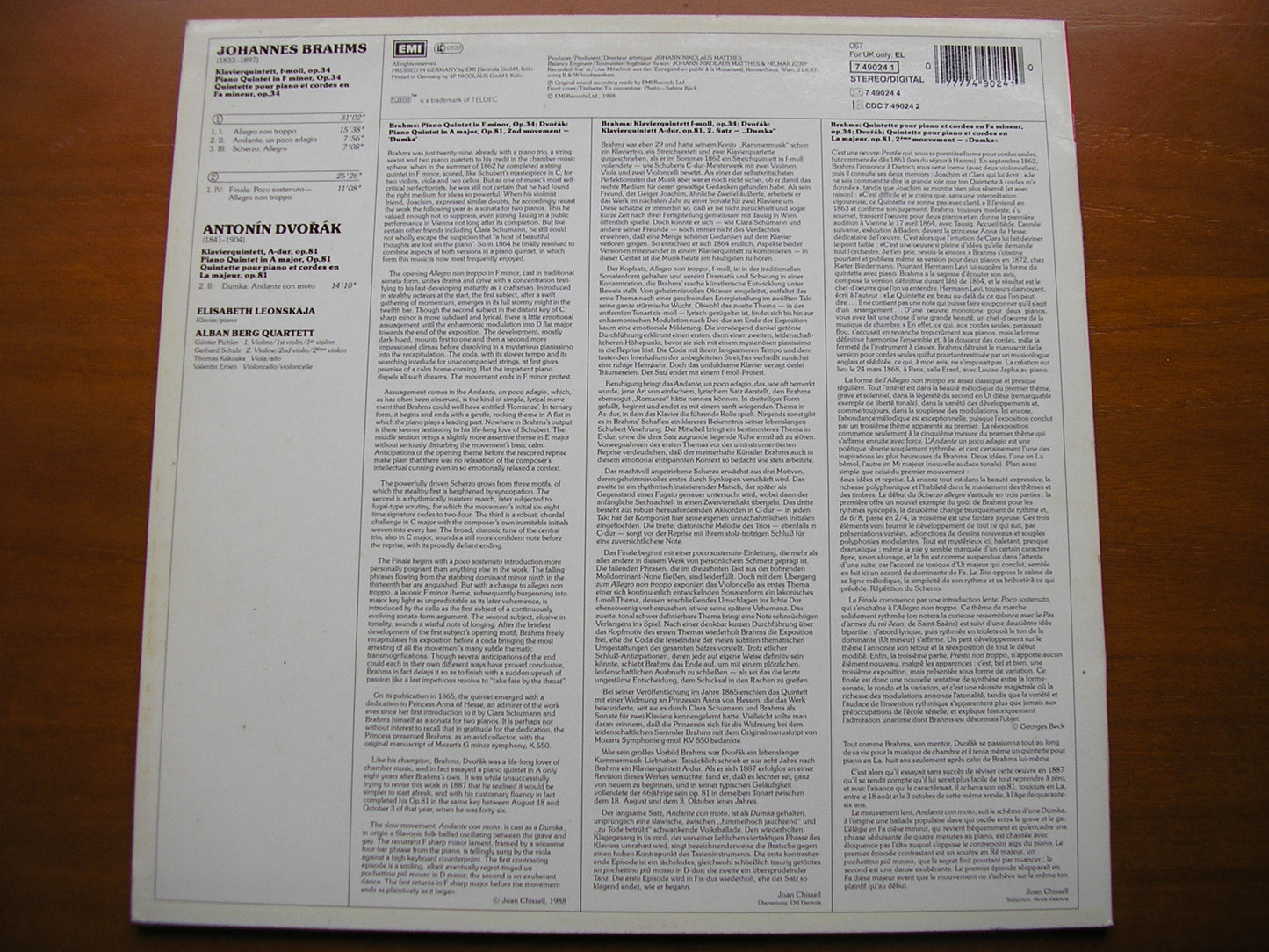 BRAHMS: PIANO QUINTET / DVORAK: Dumka from Piano Quintet LEONSKAJA / ALBAN BERG QUARTET 749024