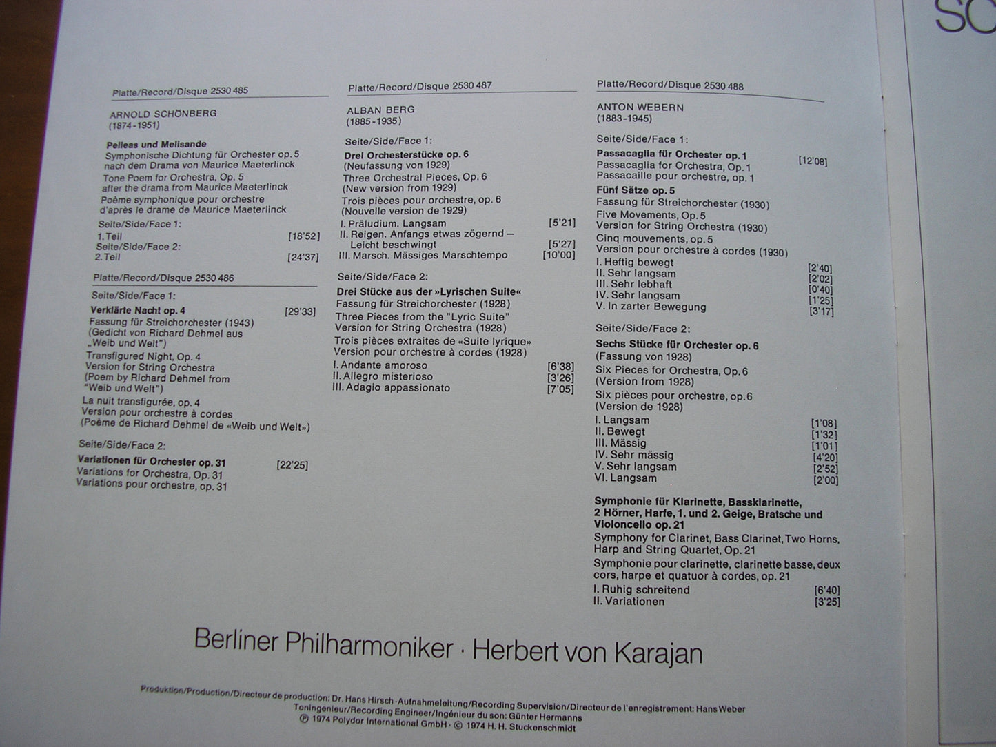 SCHOENBERG / WEBERN / BERG: ORCHESTRAL MUSIC      KARAJAN / BERLIN PHILHARMONIC ORCHESTRA    4LP     2711 014