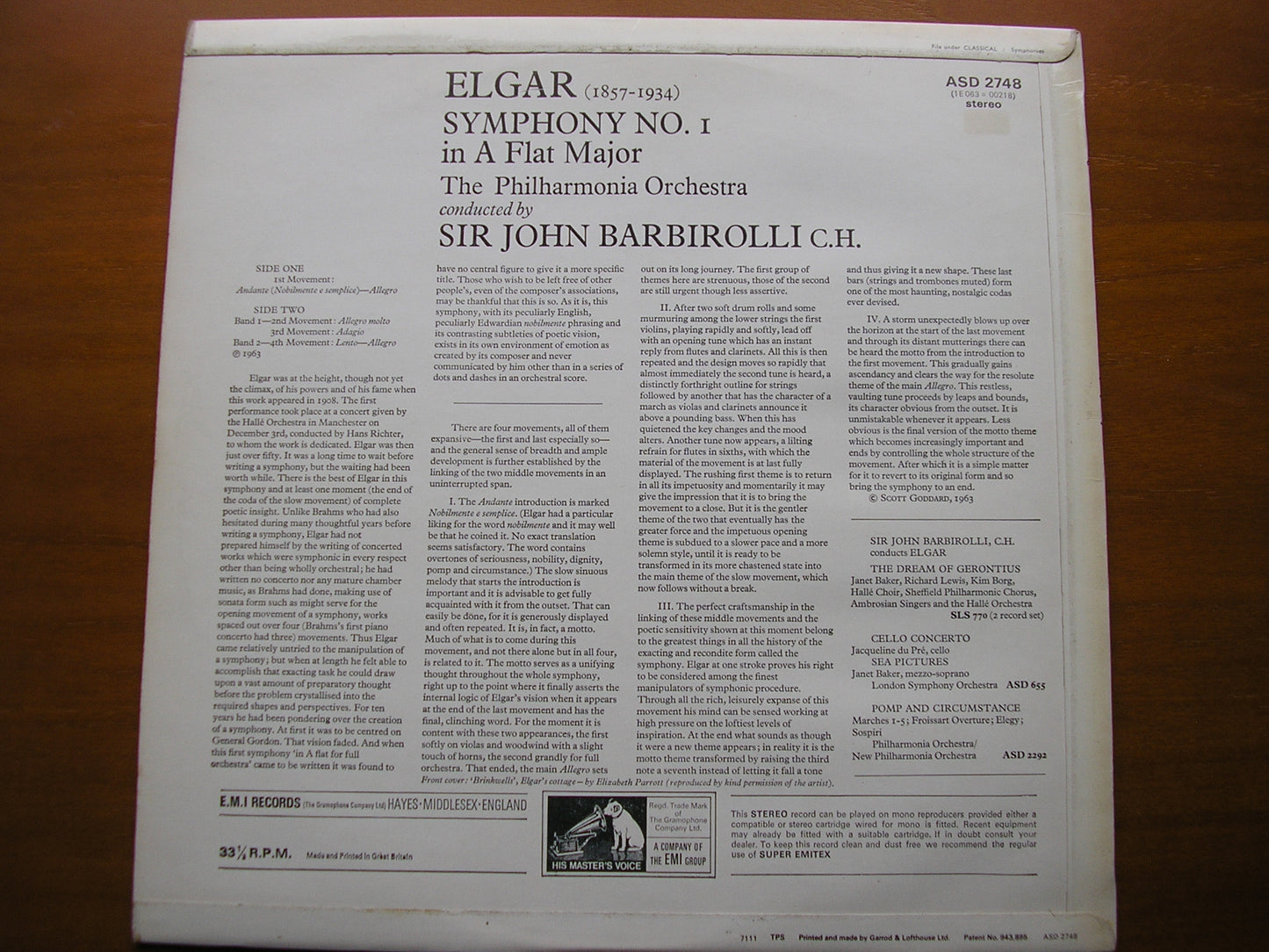 ELGAR: SYMPHONY No. 1      BARBIROLLI / PHILHARMONIA ORCHESTRA     ASD 2748