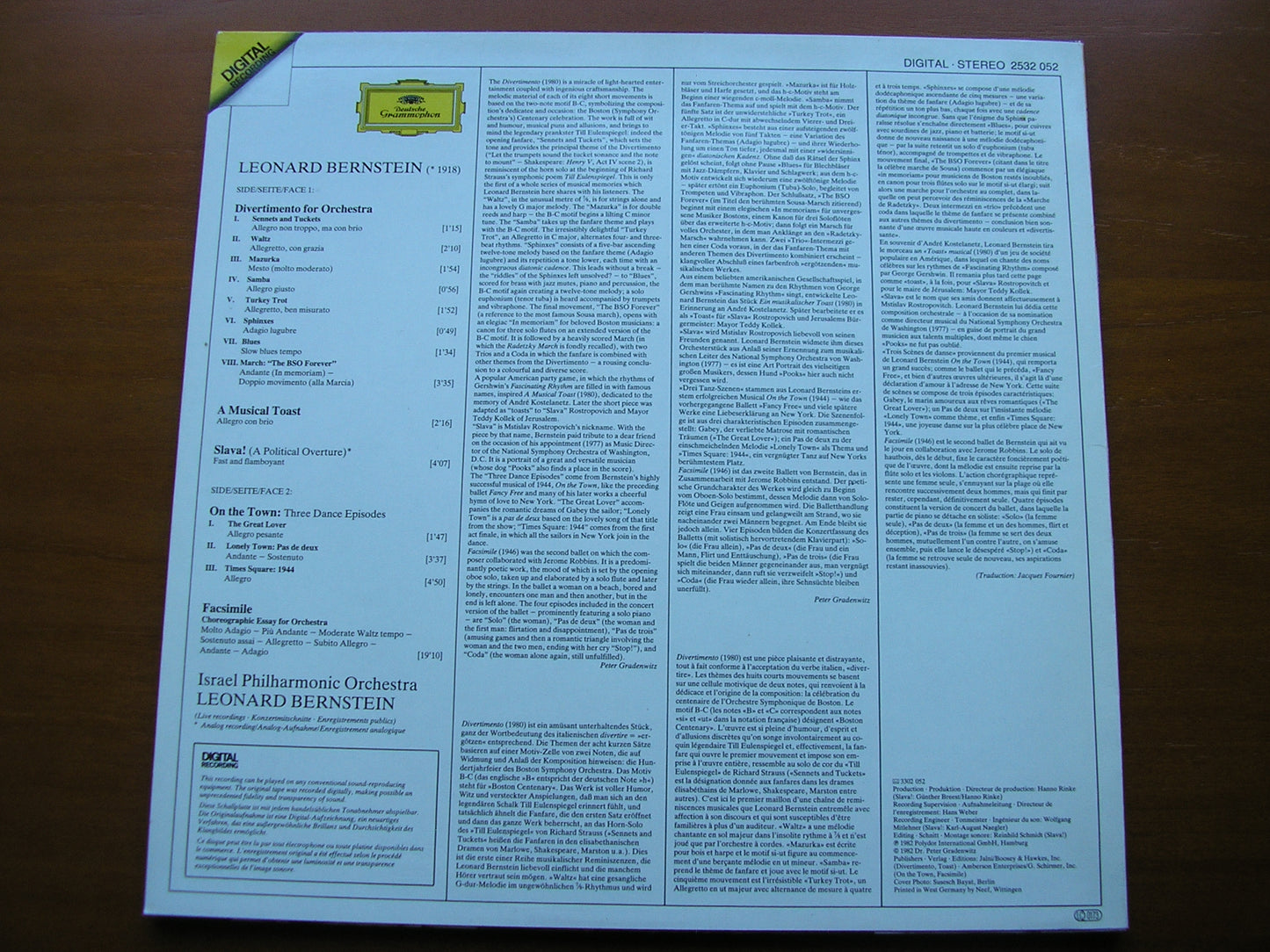 BERNSTEIN: DIVERTIMENTO / SLAVA / FACSIMILE / ON THE TOWN       ISRAEL PHILHARMONIC / BERNSTEIN      2532 052