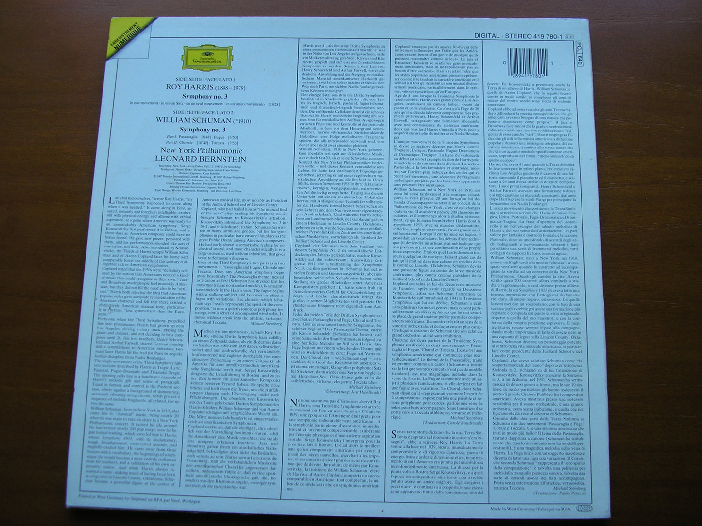 HARRIS: SYMPHONY No. 3 / SCHUMAN: SYMPHONY No. 3       BERNSTEIN / NEW YORK PHILHARMONIC     419 780