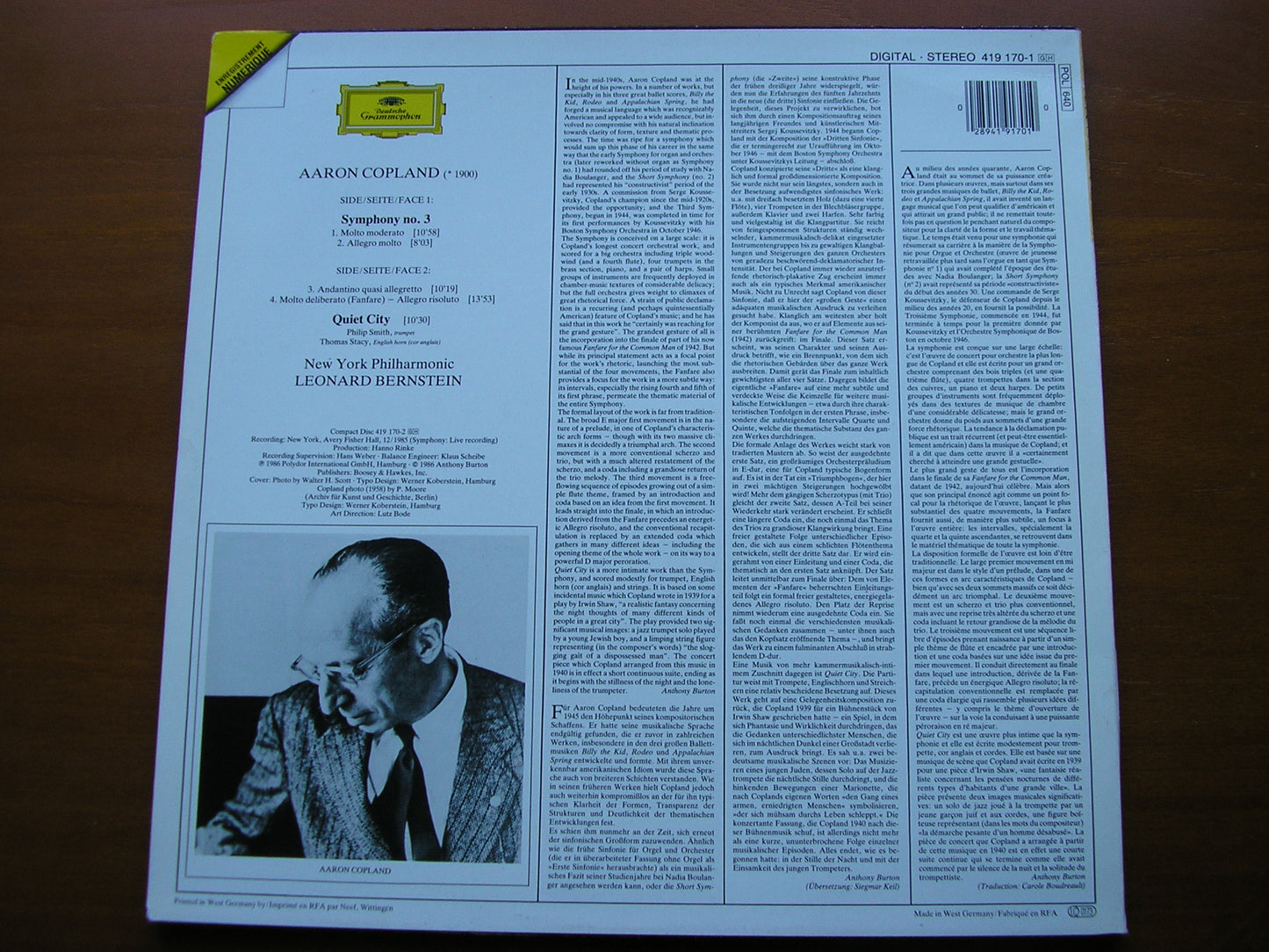 COPLAND: SYMPHONY No. 3  'Quiet City'        BERNSTEIN / NEW YORK PHILHARMONIC    419 170