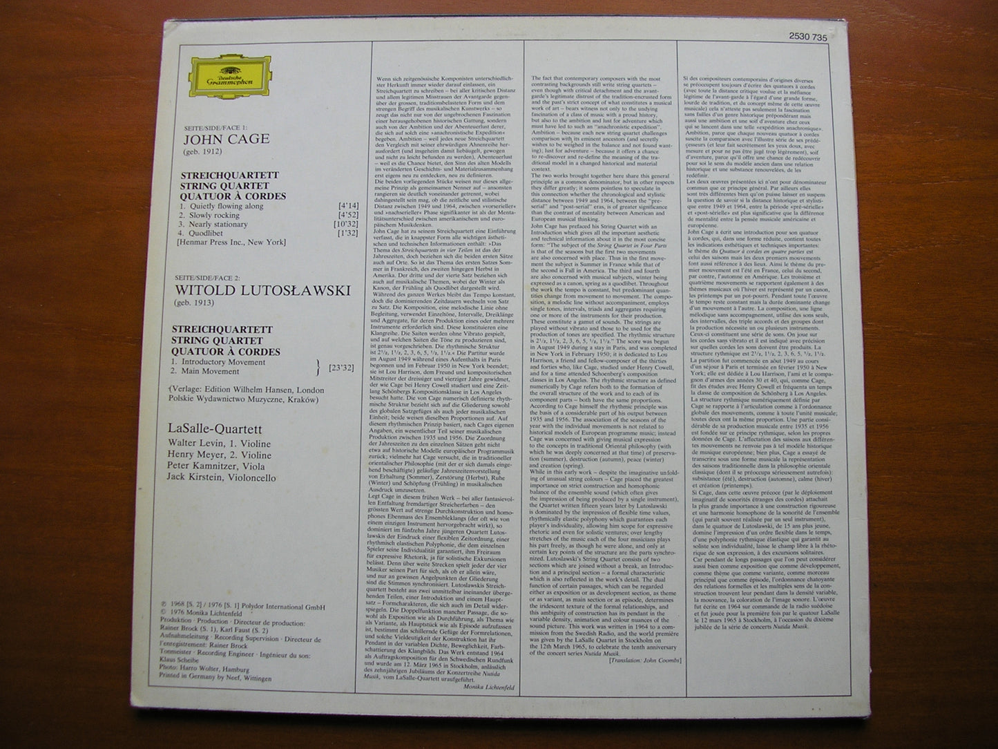LUTOSLAWSKI / JOHN CAGE: STRING QUARTETS LA SALLE QUARTET 2530 735