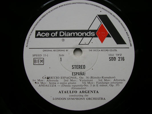 ESPANA!   CHABRIER / RIMSKY-KORSAKOV /GRANADOS / MOSKOWSKI     ARGENTA / LONDON SYMPHONY     SDD 216
