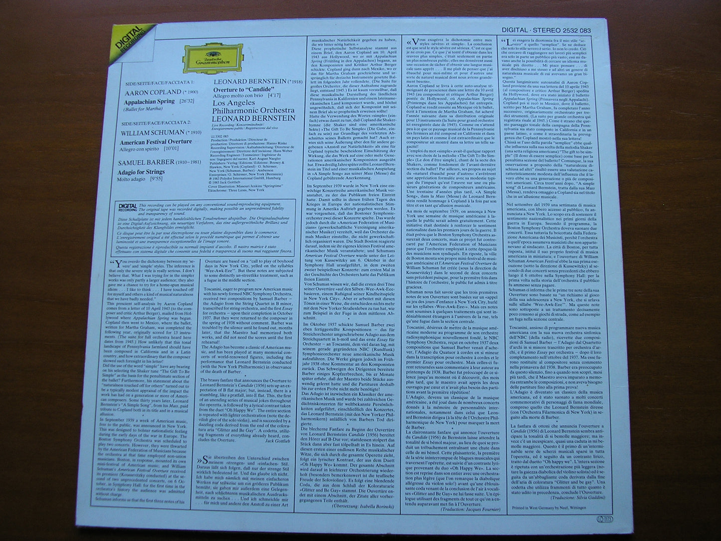 COPLAND: APPALACHIAN SPRING / BARBER: ADAGIO       LOS ANGELES PHILHARMONIC / LEONARD BERNSTEIN    2532 083