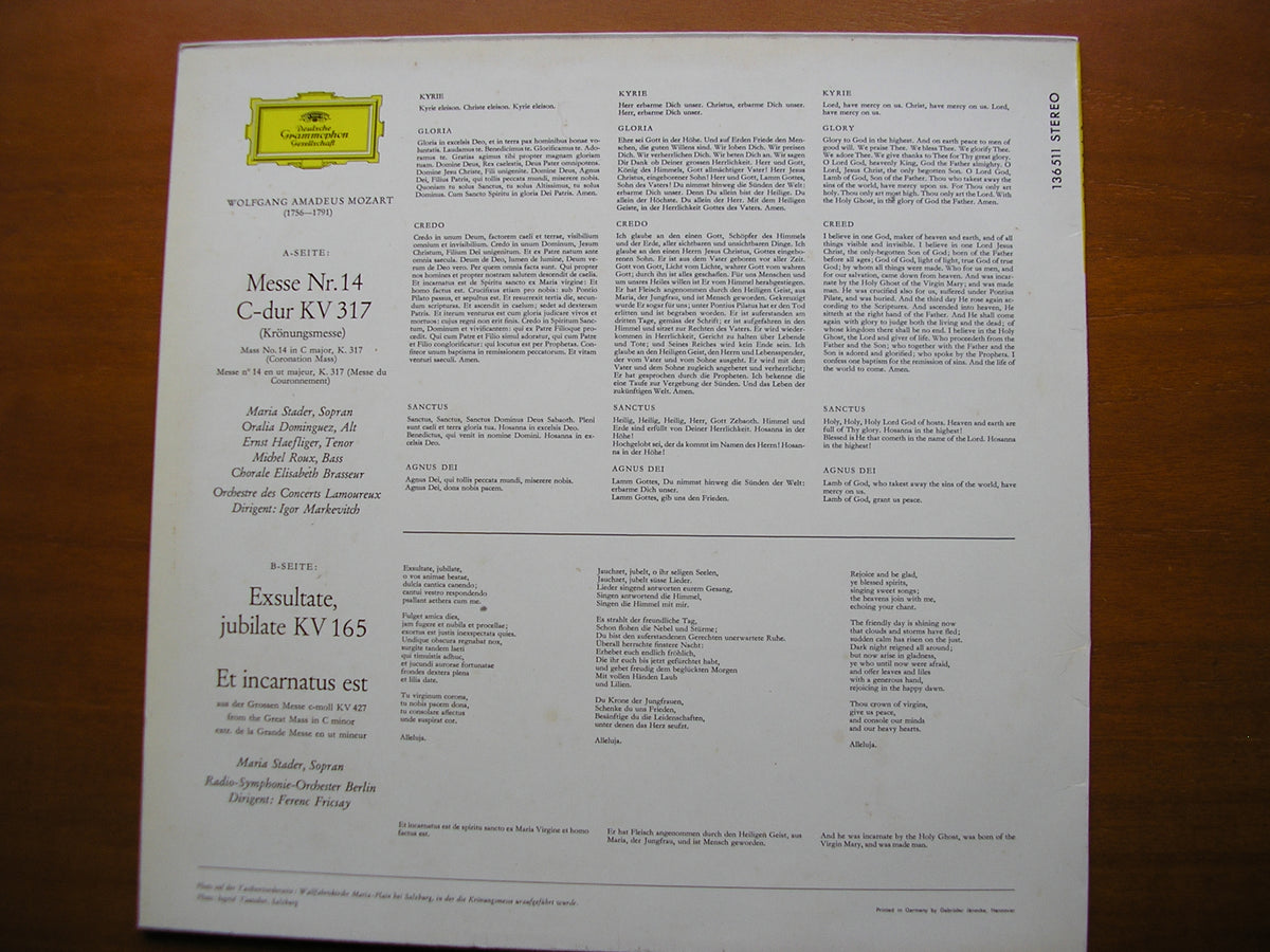 MOZART: CORONATION MASS / EXSULTATE JUBILATE / ET INCARNATUS EST SOLOISTS / LAMOUREUX ORCHESTRA / MARKEVITCH 136 511