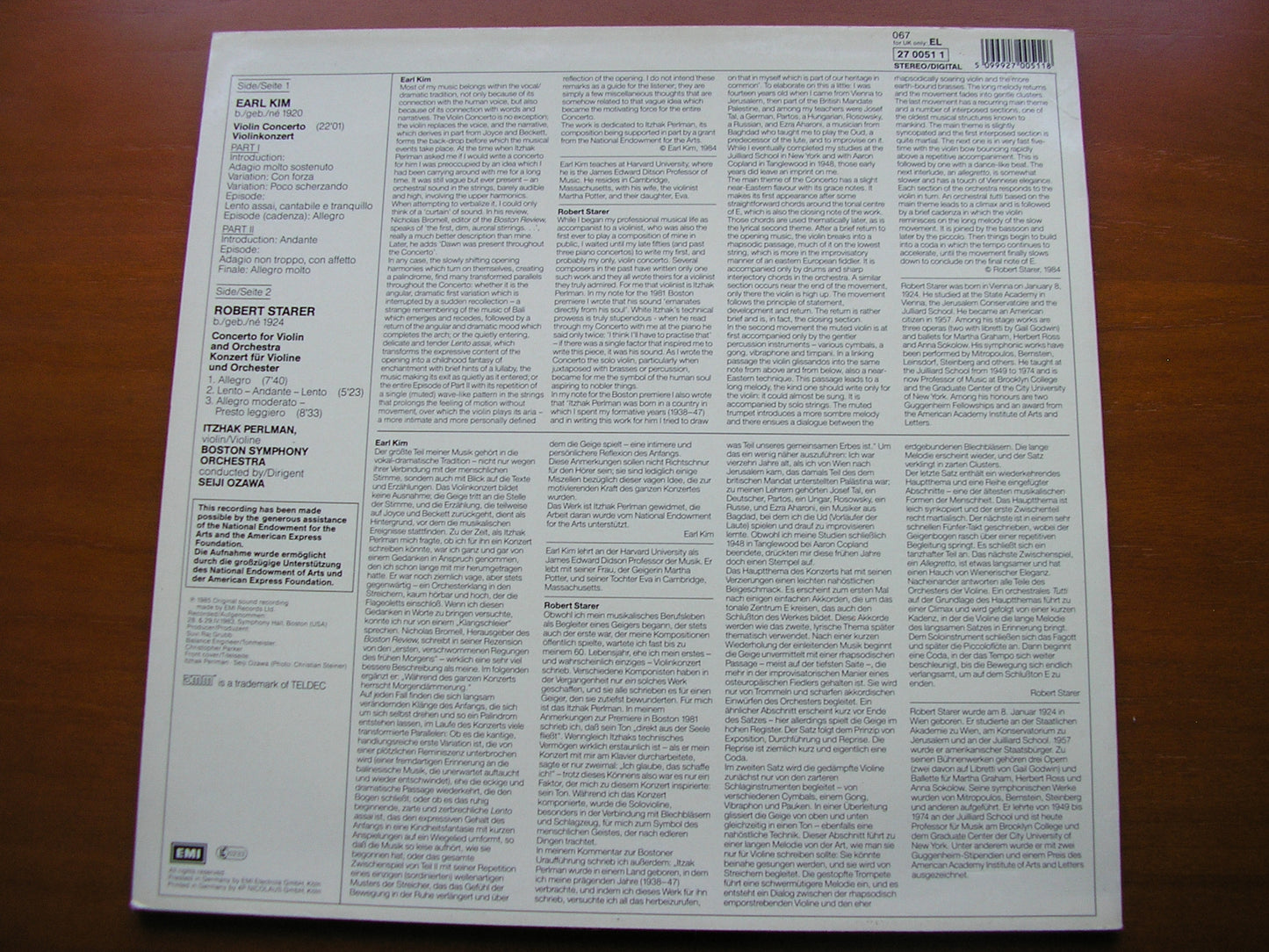 EARL KIM & ROBERT STARER: VIOLIN CONCERTOS     PERLMAN / BOSTON SYMPHONY / SEIJI OZAWA     27 0051