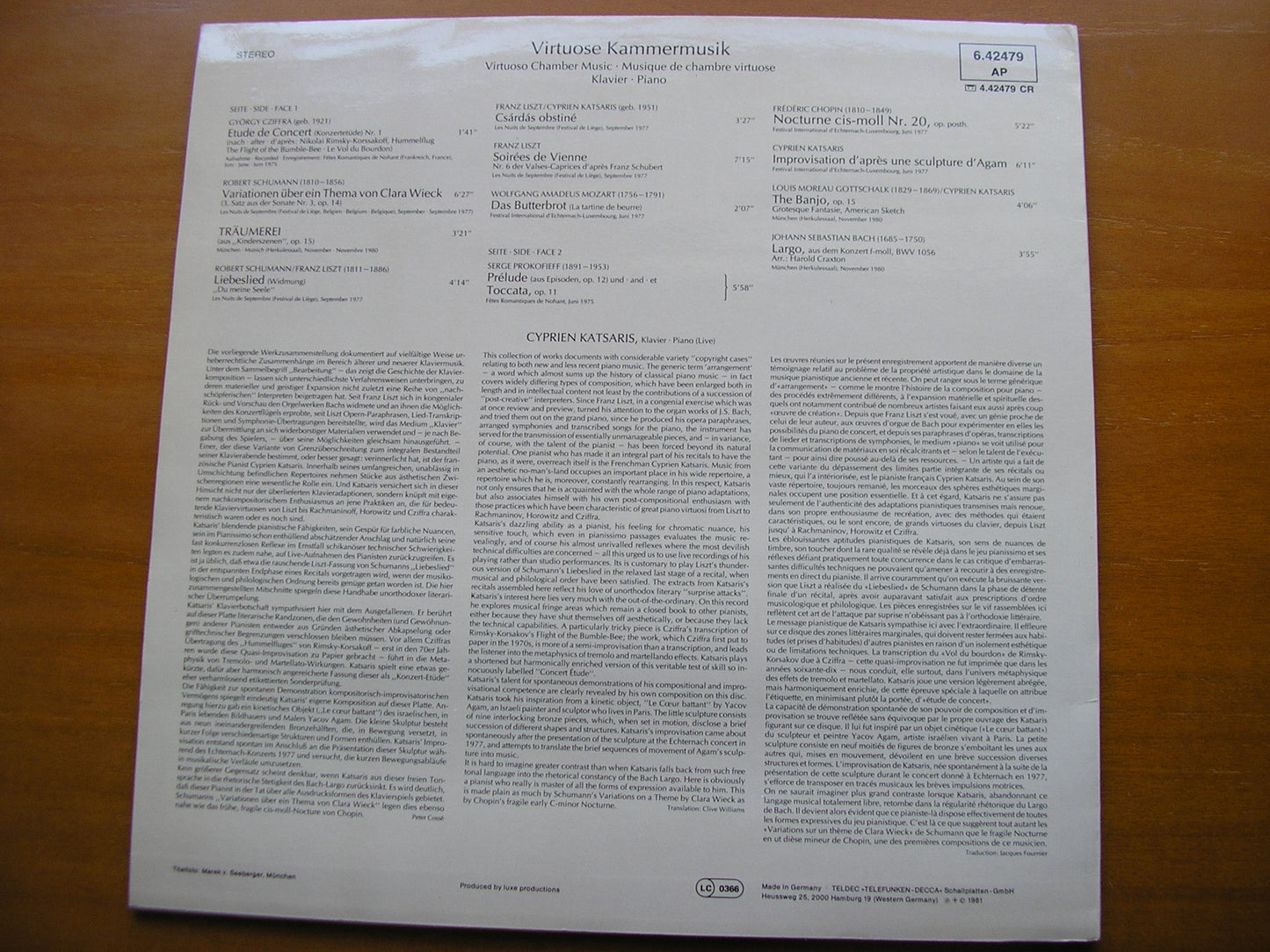 VIRTUOSO CHAMBERMUSIC: CZIFFRA / SCHUMANN / LISZT / CHOPIN / GOTTSCHALK / BACH       CYPRIEN KATSARIS      6.42479