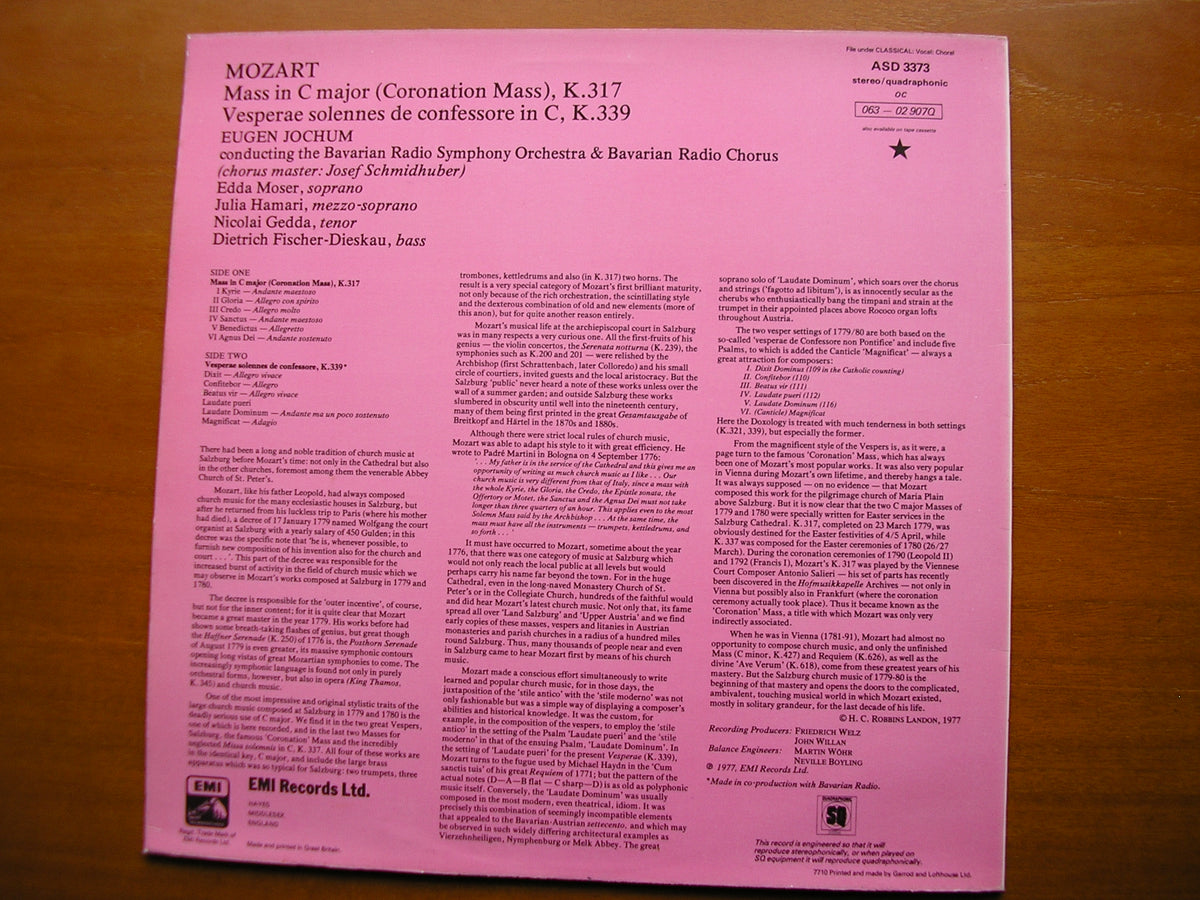 MOZART: CORONATION MASS / VESPERAE SOLENNES SOLOISTS / BAVARIAN RADIO SYMPHONY / JOCHUM ASD 3373