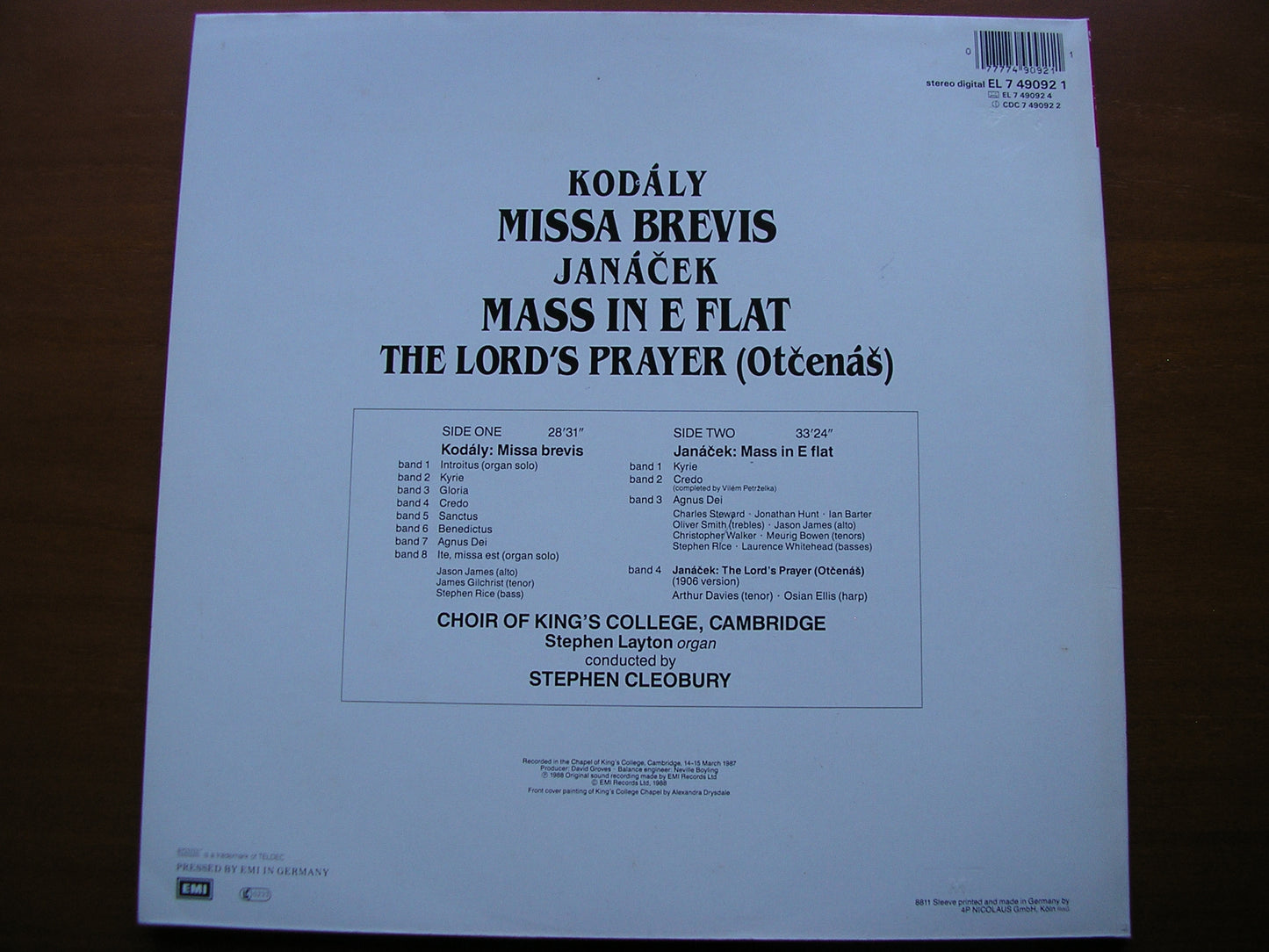 KODALY: MISSA BREVIS / JANACEK: MASS in E / THE LORD'S PRAYER     SOLOISTS / CHOIR OF KING'S COLLEGE CAMBRIDGE / CLEOBURY   749092