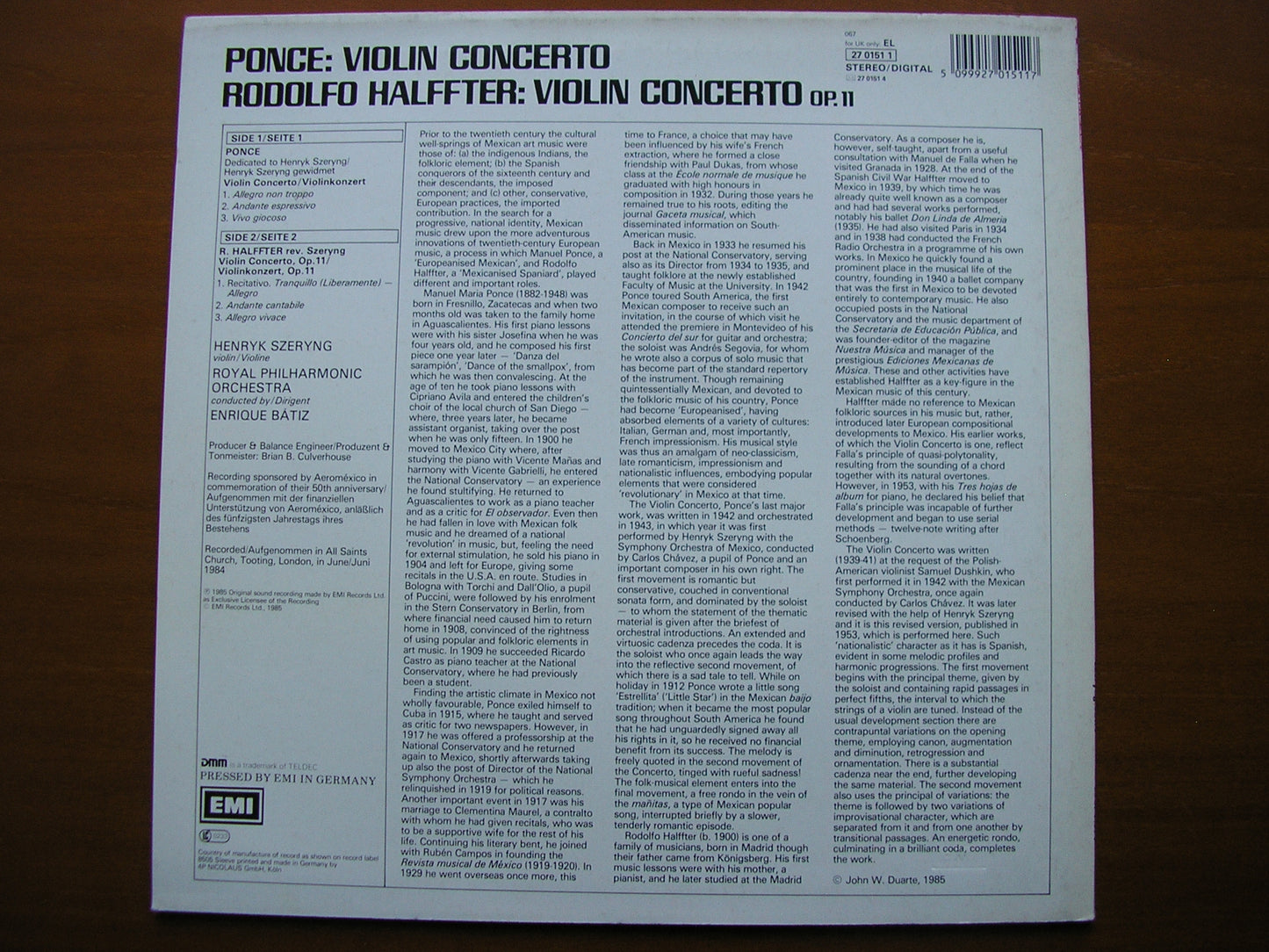 PONCE: VIOLIN CONCERTO / HALFFTER: VIOLIN CONCERTO      SZERYNG / ROYAL PHILHARMONIC / BATIZ     27 0151
