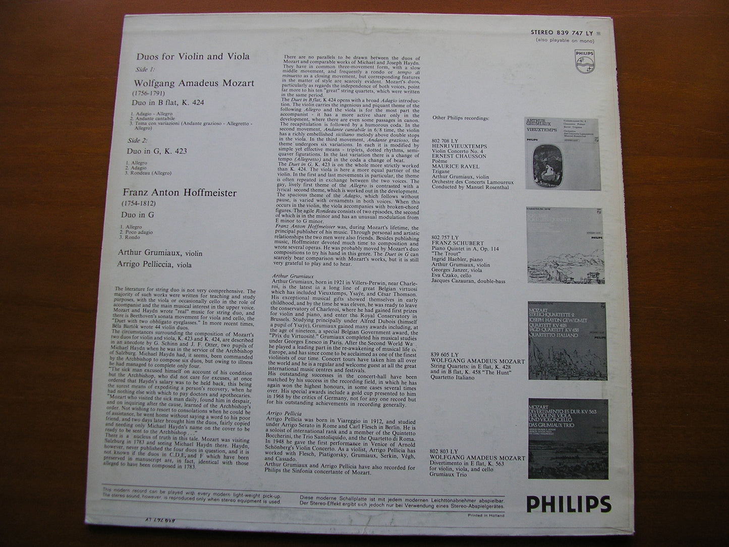 MOZART: DUOS K423 & K424 / HOFFMEISTER: DUO in G       GRUMIAUX / PELLICCIA       839 747