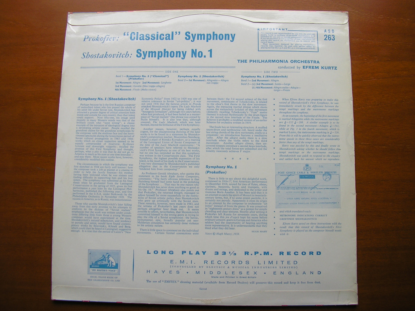 PROKOFIEV: CLASSICAL SYMPHONY / SHOSTAKOVICH: SYMPHONY No. 1 KURTZ / PHILHARMONIA ASD 263