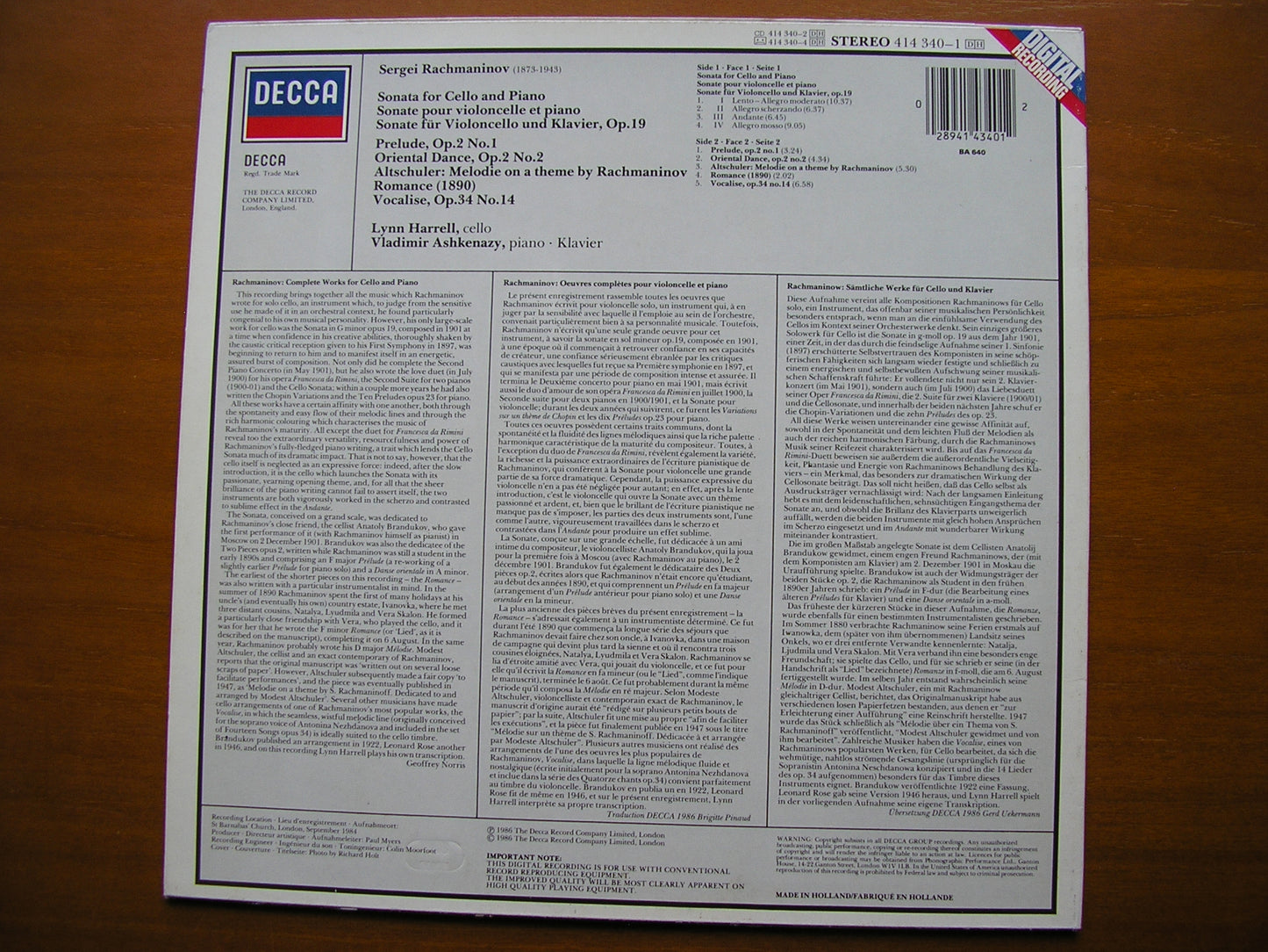 RACHMANINOV: CELLO SONATA / VOCALISE HARRELL / AHKENAZY 414 340