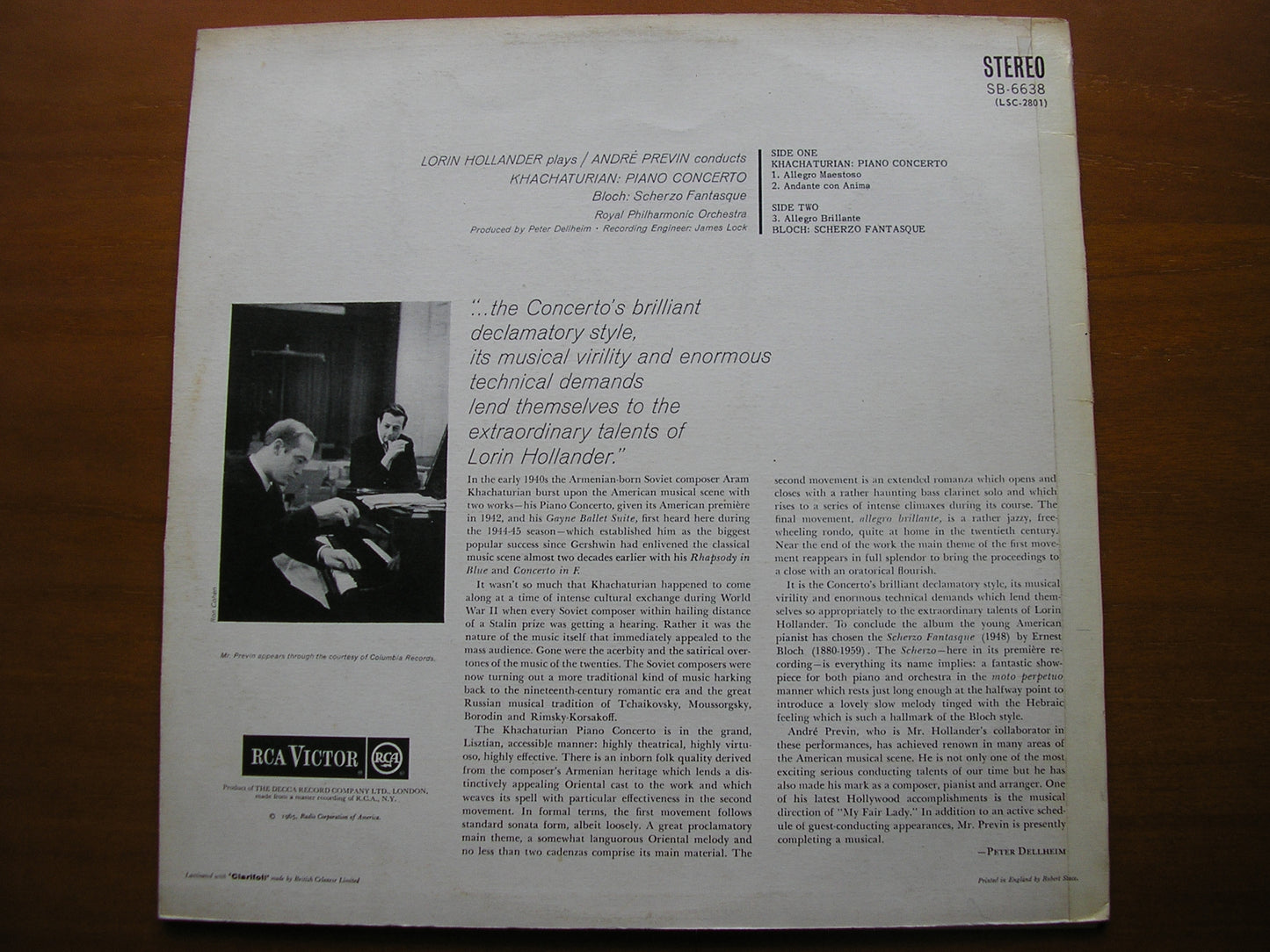 KHACHATURIAN: PIANO CONCERTO / BLOCH: SCHERZO FANTASQUE     HOLLANDER / ROYAL PHILHARMONIC / PREVIN       SB 6638