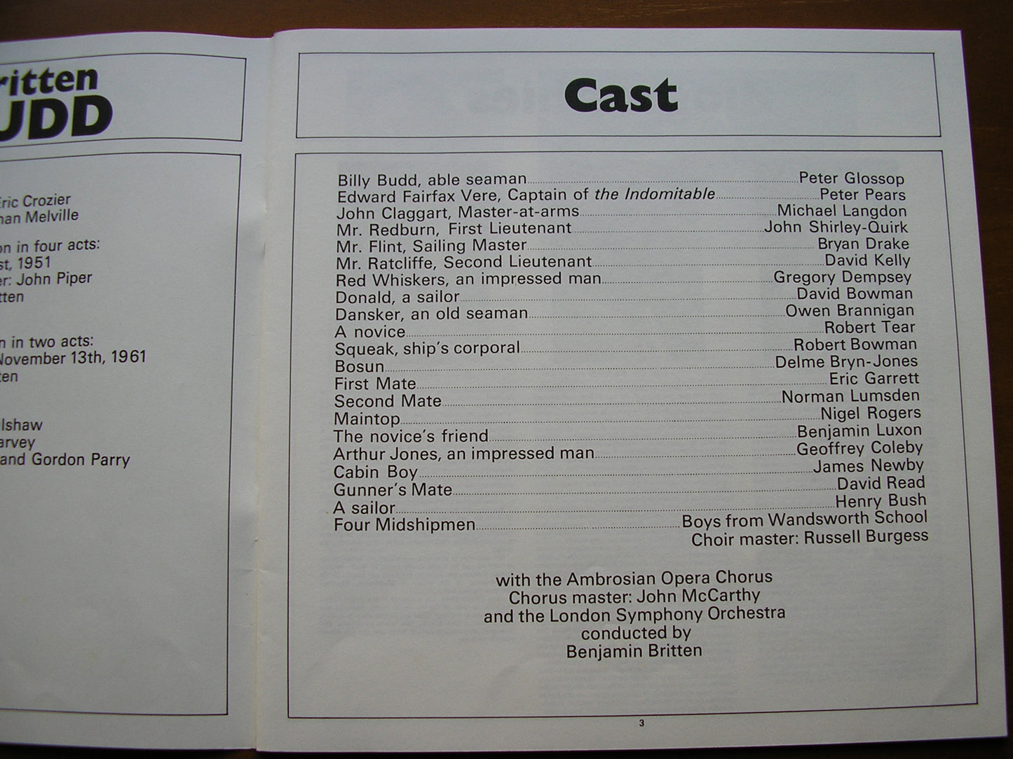 BRITTEN: BILLY BUDD GLOSSOP / PEARS / LANGDON / LONDON SYMPHONY / BRITTEN 3LP SET 379-81