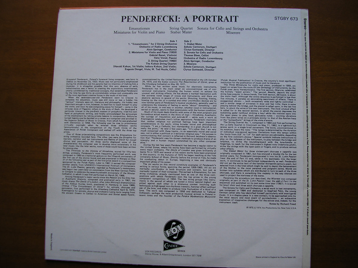 PENDERECKI: A PORTRAIT Choral / Orchestral / Chamber Music STGBY 673