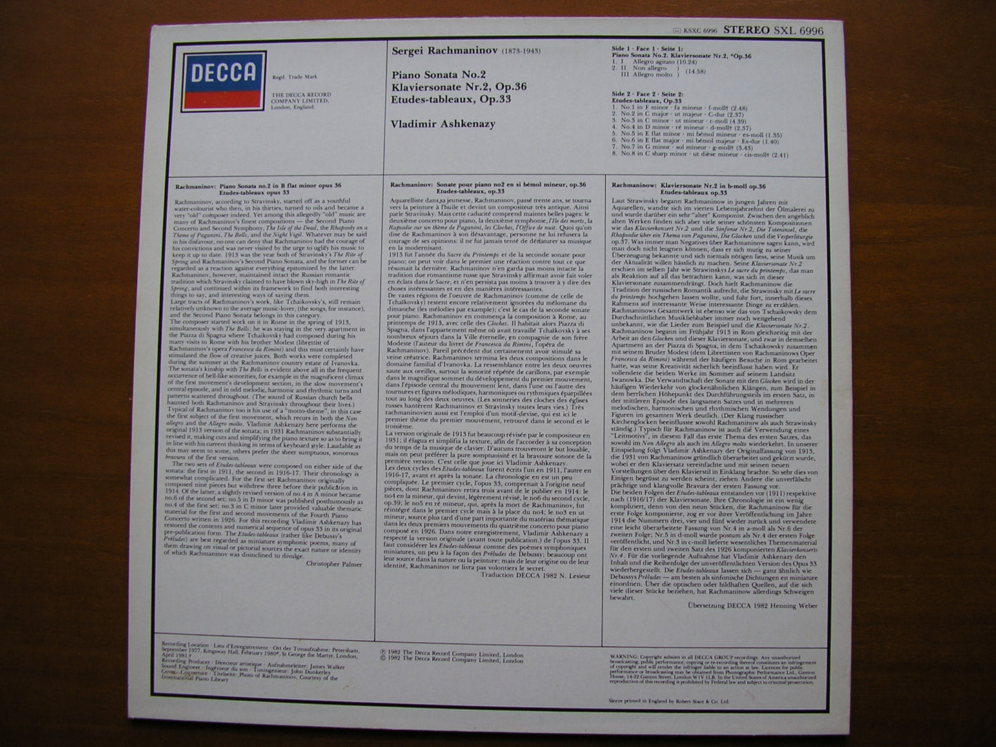 RACHMANINOV: PIANO SONATA No. 2 / ETUDES TABLEAUX Op. 33 VLADIMIR ASKENAZY SXL 6996