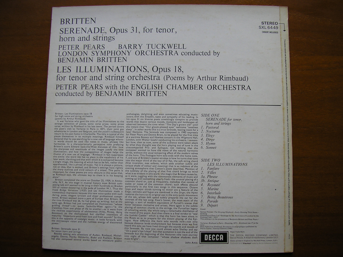 BRITTEN: SERENADE FOR TENOR, HORN & STRINGS / LES ILLUMINATIONS PEARS / TUCKWELL / LSO / ECO / BRITTEN SXL 6449