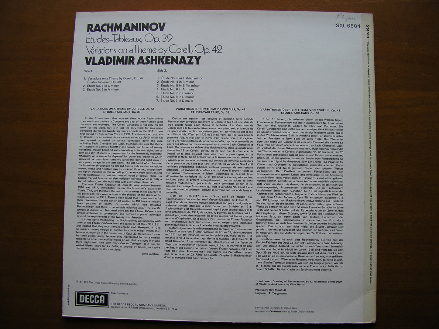 RACHMANINOV: ETUDES TABLEAUX Op. 39 / CORELLI VARIATIONS Op. 42 VLADIMIR ASHKENAZY SXL 6604