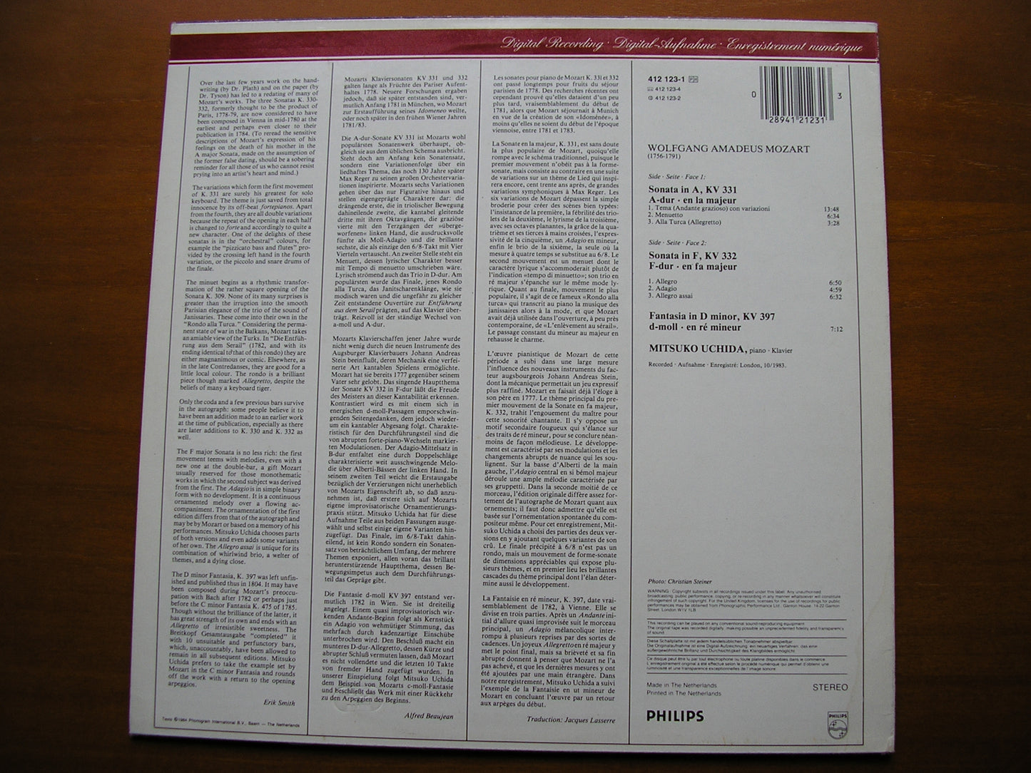 MOZART: PIANO SONATAS K331 in A / K332 in F / FANTASIA K397 MITSUKO UCHIDA 412 123